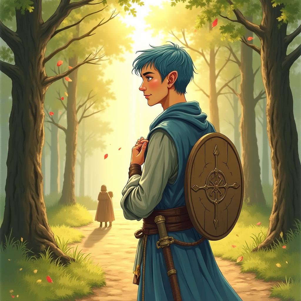 Male Elf with blue hair and grey skin, Shield and mace, Cleric, and Farewell Card