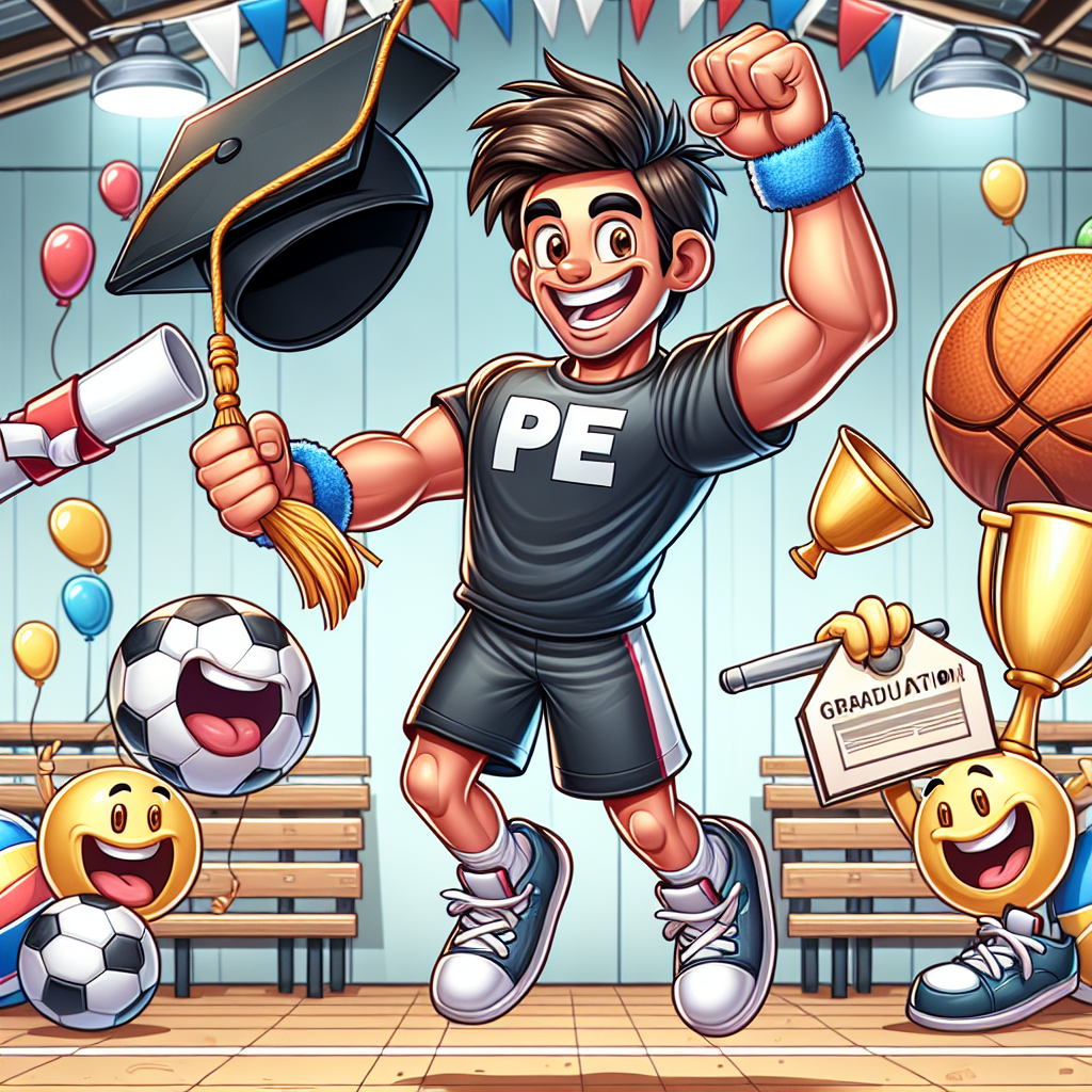 Young brunette, happy man, graduating with PE teaching degree Congratulations Card