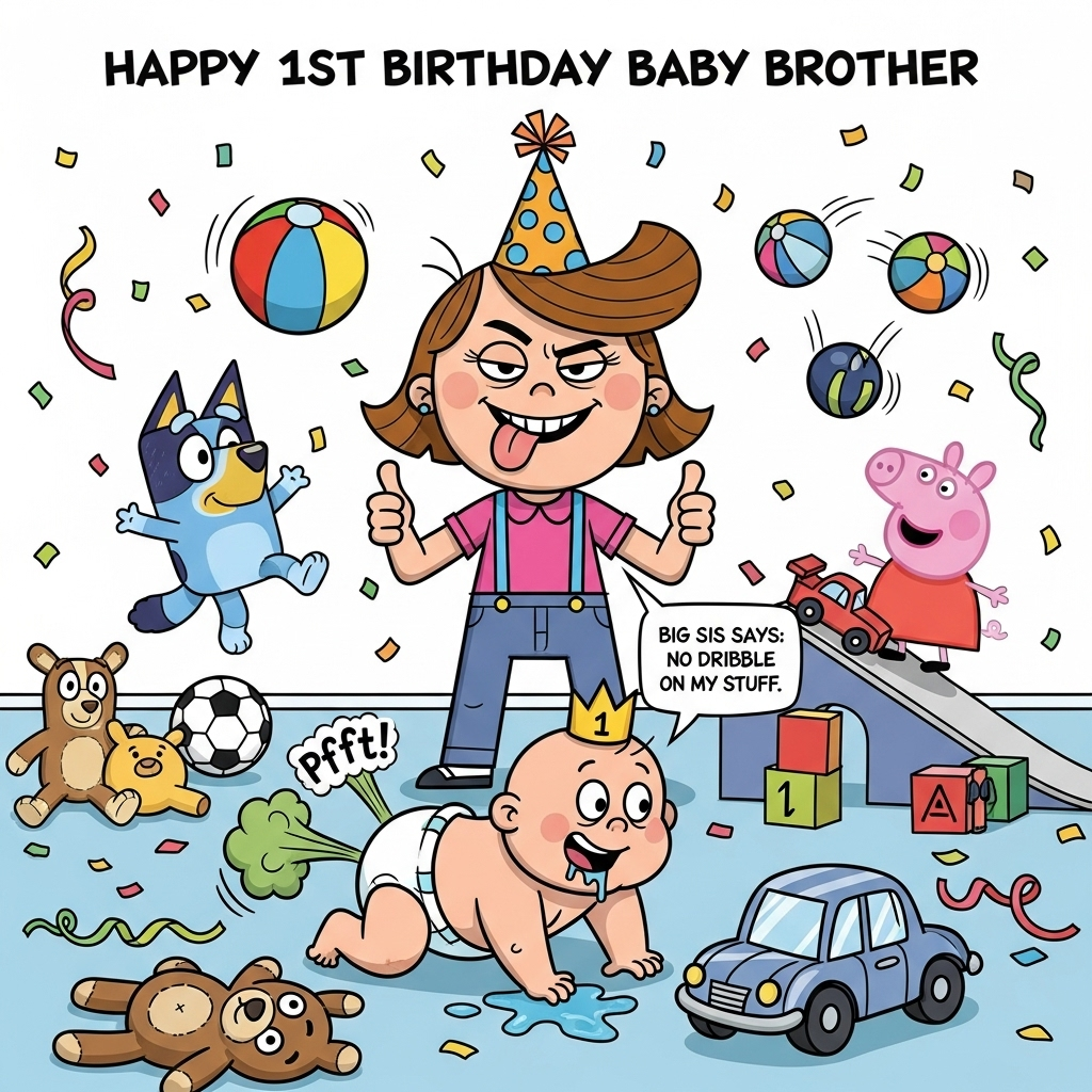 At the top of the Cartoon Style image, Happy 1st birthday Baby brother

Playful, bold cartoon scene with exaggerated proportions, thick black outlines, and bright, saturated colors. In a chaotic, confetti-sprinkled playroom, a cheeky Big Sister in a party hat stands front and center with a smug, tongue-out grin, thumbs hooked in her suspenders, striking a bossy pose. On the floor, a chubby 1-year-old baby brother in a diaper and tiny crown crawls toward a drool-slick teddy and a shiny toy car; a small green “pffft!” fart puff with wavy stink lines pops behind him for a rude, silly gag. To the left, Bluey bounces mid-air, kicking a colorful beach ball; to the right, Peppa Pig giggles while rolling a toy race car along a block-built ramp. Scattered around: piles of plush teddies, a soccer ball, rubber balls mid-bounce with motion lines, streamers, and bright confetti. Whimsical, energetic poses, chunky outlines, simple shapes, bold highlights and shadows, clean, punchy composition with lots of movement. Include one small hand-lettered speech bubble from Big Sister that says: “Big sis says: No dribble on my stuff!” No other text.
Generated with these themes: Bluey , Peppa pig, Teddies, Cars, Balls, Big sister , and .
Made with ❤️ by AI.