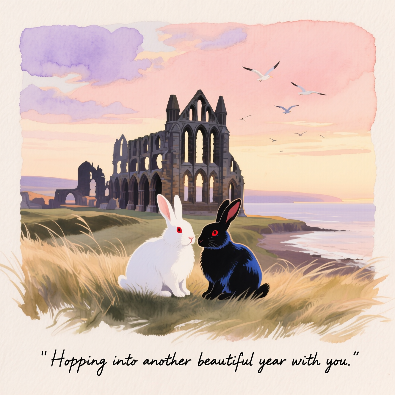 Here’s the image prompt you could use:  

---

**Prompt:**  
A soft, sincere watercolor scene of Whitby’s dramatic coastline at golden hour, the gothic ruins of Whitby Abbey silhouetted against a warm, peach-rose sky that fades into delicate lavender clouds. In the foreground, two rabbits sit together on a patch of windswept grass—one a pure white with a black snout and striking red eyes, the other jet-black with a subtle bluish sheen. Their fur is rendered in gentle brushstrokes, blending into the airy washes of the seaside landscape. The abbey’s arches frame the distant horizon, with seabirds in loose, suggestive strokes circling overhead. Soft pigment blooms and textured paper grain give the piece a hand-painted warmth. In small, hand-lettered script near the bottom: **"Hopping into another beautiful year with you."**  

---  

Do you want me to also give you **three alternative short caption ideas** in case you want to swap out the text for different moods?
Generated with these themes: Whitby, Whitby abbey , Whit rabbit with black snout and red eyes , Black rabbit, Goth , and .
Made with ❤️ by AI.