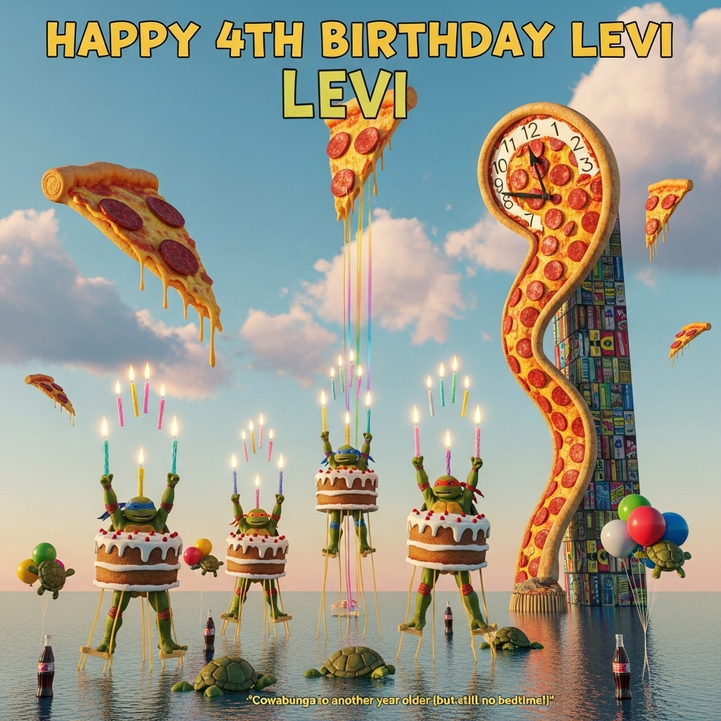 At the top of the Surreal Style image, write in bold playful lettering: **Happy 4th Birthday Levi**  

A surreal, dreamlike landscape where giant pizza slices float like melting clouds in a pastel sky. Four Ninja Turtles wobble on stilts made from spaghetti noodles, each one juggling glowing birthday candles that drip rainbow wax onto the ground. The turtles’ shells are oversized birthday cakes, with frosting slowly sliding off in Dali-esque drips. In the distance, a massive clock shaped like a pepperoni pizza bends and sags across a skyscraper of stacked comic books. The ground is a shimmering pool of soda pop with floating balloons shaped like turtles, gently bobbing. Ethereal golden light illuminates the turtles’ mischievous grins, making the whole scene both hilarious and otherworldly.  

Tiny handwritten text near the bottom reads:  
**“Cowabunga to another year older (but still no bedtime!)”**  
Generated with these themes: Ninja turtles , and .
Made with ❤️ by AI.