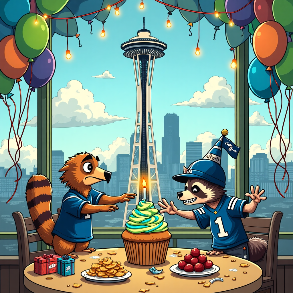 On the front cover of this birthday greeting card, imagine a whimsical comic scene reminiscent of Charles Schulz and Bill Watterson’s playful spirit. The setting is a lively birthday party taking place inside Seattle's iconic Space Needle, transformed into a vibrant and quirky party venue. The top observation deck is festooned with colorful balloons in Seahawks blue and green, some with little football motifs, and string lights hanging from the ceiling. 

In the foreground, a cartoon hawk, decked out in a mini Seattle Seahawks jersey, is engaged in a light-hearted tug-of-war with a mischievous raccoon over a giant birthday cupcake with a single candle that whimsically resembles a football. The cupcake frosting has swirls of blue and green, echoing the team's colors. The raccoon, sporting a tiny foam finger that says "Number 1", looks both comical and determined.

In the background, you can spot a few well-known cartoon-like characters inspired by Disney and Tezuka's style - such as a wide-eyed child with an oversized Seahawks cap and a playful expression, and an adorable Astro Boy-like robot waving a tiny Seahawks flag. They are gathered around a table laden with snacks – chips, salsa, and hotdogs, all artfully arranged in the shapes of footballs and helmets. 

Off to the side, a cartoon depiction of the Space Needle’s elevator door is open, revealing another quirky character stepping out with a gigantic wrapped present shaped suspiciously like a football helmet. There’s even a slightly exaggerated caricature of the Lombardi Trophy subtly peeking out from behind a table, a nod to the team’s illustrious history.

Overhead, through the window panels, you can see the typical rainy Seattle skyline, but with a playful twist – the clouds form whimsical shapes of football plays, with little doodle arrows and 'X's and 'O's, adding a dynamic backdrop to this comical scene. The combination of familiar landmarks, playful animal antics, and vibrant sports-themed decorations capture the essence of a birthday celebration perfectly fused with the spirited charm of the Seattle Seahawks.
Generated with these themes: Seattle seahawks, and .
Made with ❤️ by AI.