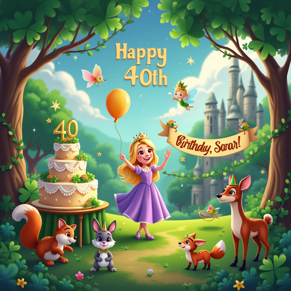 In the center of the scene, picture a lush, magical forest clearing with a whimsical castle nestled in the background. The castle is adorned with twinkling fairy lights and has an entrance arch draped with vibrant, green shamrocks. To the left of the clearing, a large, ornate birthday cake sits atop a table decorated with golden scrolls. The cake, decorated with tiny shamrocks and a golden "40" topper, has “Happy Birthday Sarah” inscribed in elegant icing across the middle tier. 

In the foreground, a joyful blonde princess with a sparkling tiara and a flowing, lavender dress holds a balloon shaped like the number “40” in one hand. She is cheerfully waving with her other hand, with a couple of adorable cartoon animals at her feet – a cheeky squirrel holding a tiny shamrock and a smiling rabbit wearing a tiny crown.

To the right, a group of woodland creatures, including a dapper fox in a tiny suit and a deer with a flower garland, are gathered around a banner strung between two trees. The banner, decorated with shamrocks and stars, spells out "Happy 40th, Sarah!" in colorful, playful letters.

Above, the sky is a vibrant blue with fluffy white clouds where Sarah’s name appears artistically in the clouds, with a few friendly birds flying around it, holding tiny birthday hats in their beaks. There’s even a small fairy with shimmering wings sprinkling sparkles down from above, adding to the enchantment of the scene.

Every element is carefully placed to create a joyful, magical birthday scene that integrates all the specified themes, making it perfect for Sarah’s 40th birthday celebration.
Generated with these themes: 40th Birthday , Blonde, Shamrock, and Princess.
Made with ❤️ by AI.