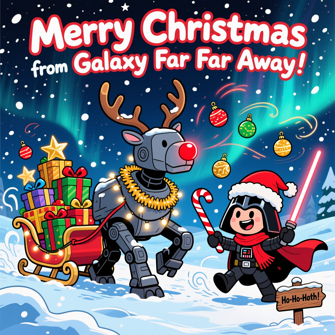 At the top of the Cartoon Style image, Merry Christmas from a Galaxy Far Far Away!

Playful, funny cartoon scene on a snowy Hoth-like landscape at night: a gigantic AT-AT prancing like a reindeer, wearing oversized antlers and a glowing red Rudolph nose, wrapped in twinkling string lights and tinsel, tugging a bursting sleigh stacked with brightly wrapped presents and star-shaped ornaments. Darth Vader, chibi-proportioned with a big helmet, sports an oversized Santa hat and a red scarf over his armor; his cape billows as he cheerfully “conducts” with a candy-cane–striped lightsaber and uses the Force to levitate ornaments around the AT-AT. Exaggerated proportions, thick black outlines, bright saturated colors (icy blues, candy-cane reds, golds, and greens), dynamic, whimsical poses, fluffy falling snow, sparkly highlights, and a starry sky with a soft aurora glow. Portrait composition with the AT-AT centered and lots of energetic motion swirls in the snow. Title text at the top in chunky, hand-lettered festive type, white with a red outline and a soft shadow. Add one small extra gag line as in-world text: a little wooden sign stuck in the snow at the bottom corner that reads “Ho-Ho-Hoth!” in playful lettering.
Generated with these themes: Star Wars, Darth Vader, AT-AT, and .
Made with ❤️ by AI.