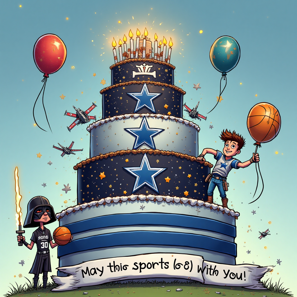 At the top of the Cartoon Style image, **Happy Birthday Jake**.

Imagine a whimsical cartoon scene where a gigantic, towering birthday cake is designed as a mashup of Star Wars, Dallas Cowboys, and San Antonio Spurs themes. 

The cake tiers are creatively decorated:
- The bottom layer features a galaxy pattern with twinkling stars and tiny X-Wing fighters zooming around it, paying homage to Star Wars.
- The middle layer showcases blue and silver stripes with the Dallas Cowboys star logo prominently placed, resembling a football field.
- The top layer is black and silver, dotted with miniature basketballs and the Spurs logo.

Atop the cake, a miniature cartoon cowboy in full Dallas Cowboys gear is trying to blow out the candles, which are cleverly designed as tiny lightsabers.

A cartoon character resembling Darth Vader stands nearby, humorously holding a basketball while wearing a Spurs jersey, as if ready to join a birthday game. 

Floating in the air are colorful balloons, each adorned with Star Wars and sports-themed motifs.

A cheeky banner unfurls at the bottom, reading, "May the Sports Be With You!"
Generated with these themes: Cake,dallas cowboys,San Antonio spurs,star wars, and .
Made with ❤️ by AI.