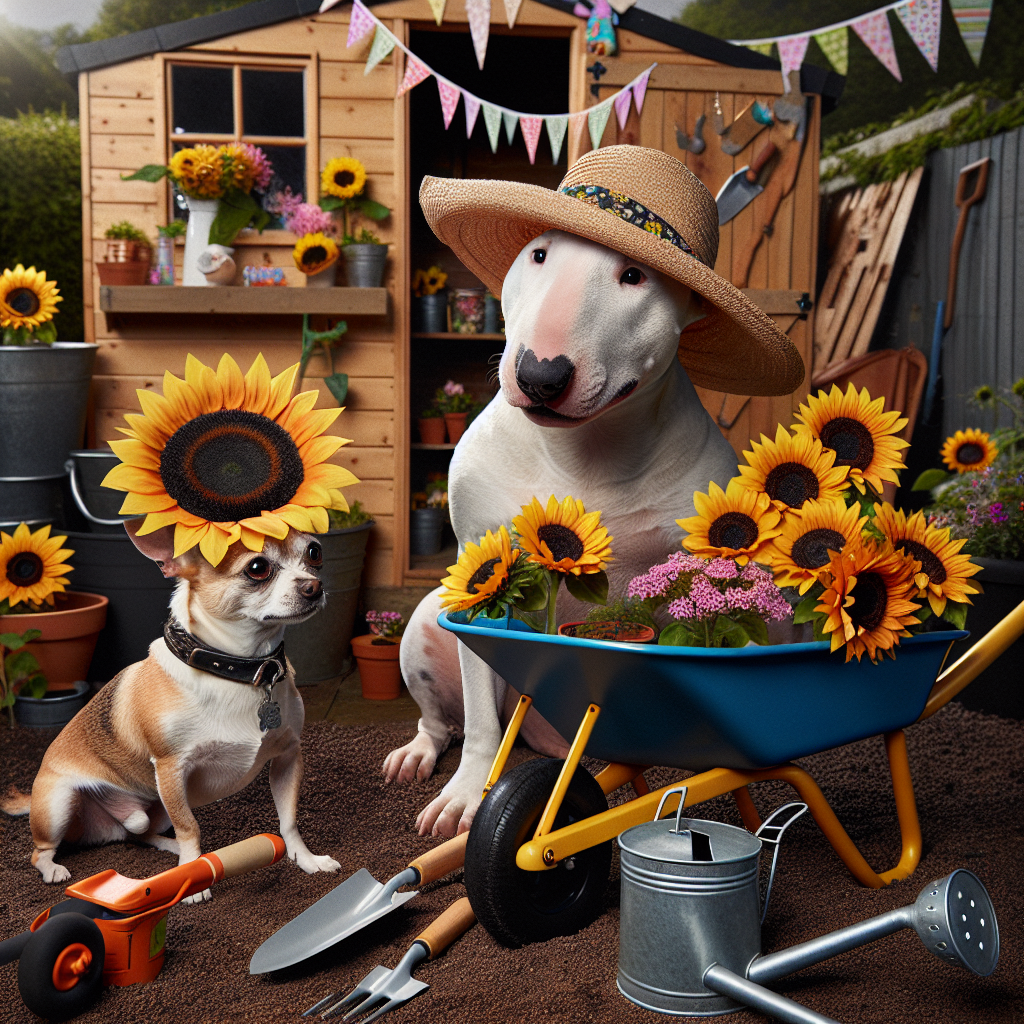 A humorous, cartoon-style scene set in a backyard. A White Bull Terrier wearing a floppy sunflower hat sits beside a wheelbarrow filled with sunflowers and various gardening tools. The dog is looking puzzled at a Chihuahua who is inexplicably performing gardening tasks. In the background, a potting shed festooned with festive streamers and decorations belying the theme of Mother's Day stands. The sunflowers dotted around the yard are personified, each bearing a surprised expression as if surprised in the middle of storytelling. The atmosphere is fun, light-hearted and subtly alludes to Mother's Day without the presence of a human figure.
Generated with these themes: Chihuahua , White bull terrier , and Sunflowers.
Made with ❤️ by AI.