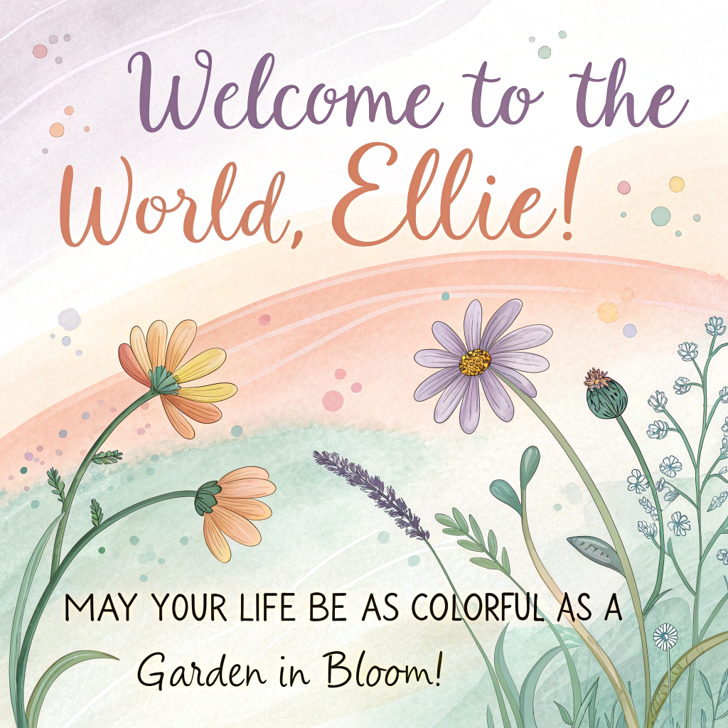 At the top of the image, "Welcome to the world, Ellie!"

At the bottom of the image, "May your life be as colorful as a garden in bloom!"

- The image features a gentle watercolor scene with soft, swirling washes of pastel colors like peach, mint, and lavender. 
- A whimsical array of cheerful wildflowers with delicate green stems dances across the image, accentuating the joyful theme. 
- The text is rendered in a playful, hand-painted script that appears to float above the floral scene, capturing the lightness and warmth of the occasion.
Generated with these themes: Give cute, creative design ideas for a new baby greeting card. Include imagery, colors, font styles. Keep it gender-neutral, warm, and joyful, Flowers, and .
Made with ❤️ by AI.