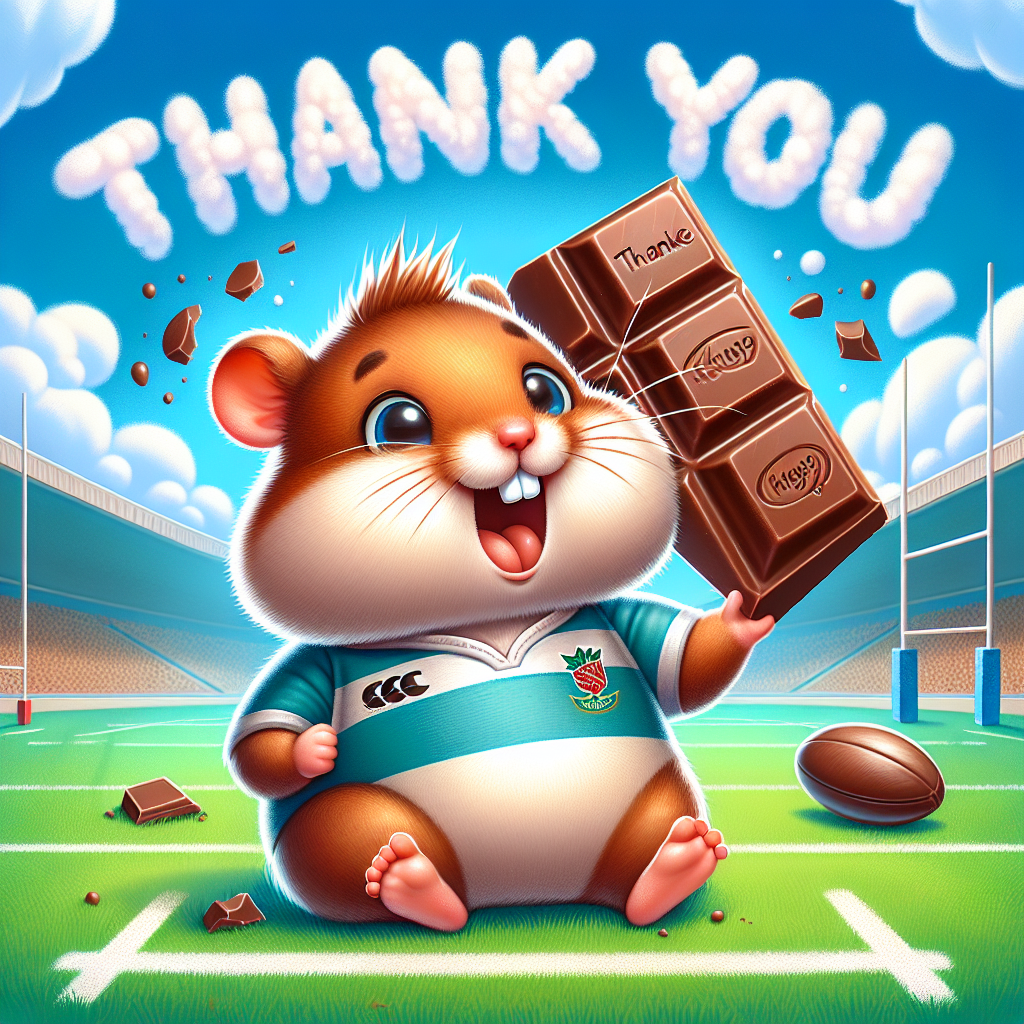 A chubby-cheeked hamster in a whimsical cartoon style holds a chunk of milk chocolate in a display of great joy, wearing a tiny rugby jersey. Behind the hamster, there's a lively green field with a chalked rugby pitch. The hamster's happiness is contagious, as it appears to be expressing gratitude for the chocolate treat. Above it, the clear blue sky features 'Thank You' written in fluffy cloud letters. There's also a subtle illusion of the hamster sprinting across the rugby field, symbolizing its passion for running and delight in outdoor activities.
Generated with these themes: Chocolate, Rugby, and Running.
Made with ❤️ by AI.