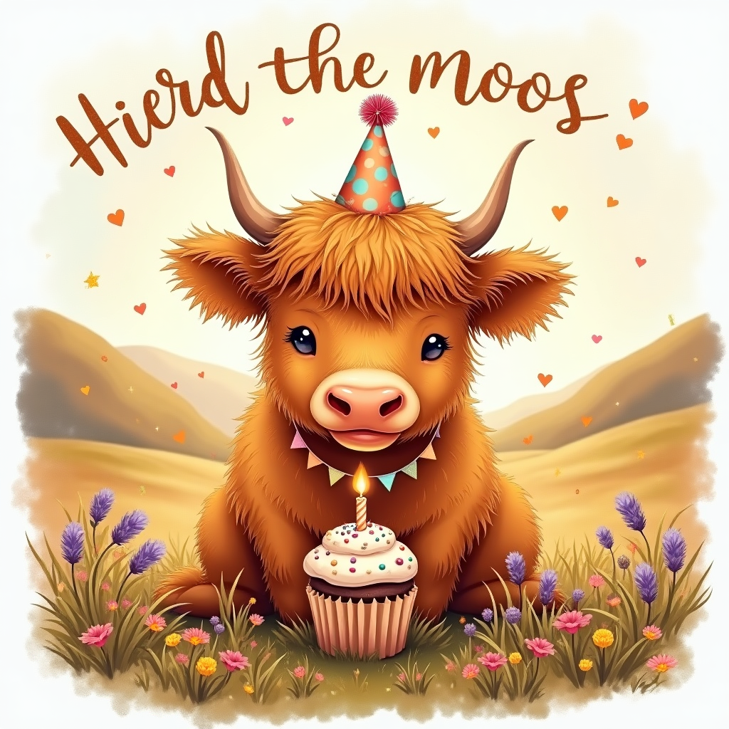 Cute hand-drawn illustration, fine linework and textured brush strokes, warm expressive palette. Big fluffy Highland cow calf as the central character, shaggy caramel-and-ginger coat with long tousled fringe over bright, curious eyes and a soft smile. A tiny polka-dot party hat sits askew; pastel bunting drapes between the curved horns. The cow gently balances a thistle-topped cupcake with a single lit candle on its nose, with a few pieces of confetti (tiny hearts and stars) drifting around. Background: a sun-warmed Scottish glen at golden hour—rolling heather-covered hills, a glimmer of loch in the distance, and clusters of purple heather and wildflowers in the foreground; sky in watercolor washes of peach and soft blue. Composition: large close-up of the cow filling most of the frame, soft depth-of-field on the landscape, airy negative space above the horns. Lighting: golden, glowy rim light with gentle shadows. Texture: visible paper grain, pencil-ink linework for fur details, painterly washes for color. Add a small hand-lettered caption within the image: “Herd the moos—it’s your birthday!” in playful brush lettering arched above the horns, warm terracotta text with a cream outline for readability. Keep it cute, cozy, whimsical; avoid photographic realism or clutter; high resolution.
Generated with these themes: Highland Cow, , and .
Made with ❤️ by AI.