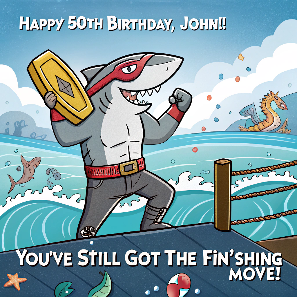 Shark, mozzarella cheese sticks, wrestling, and Birthday Card
