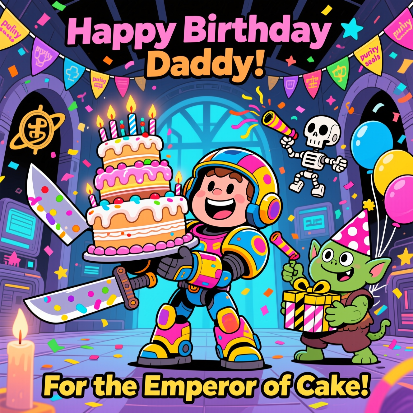 At the top of the Cartoon Style image, "Happy Birthday Daddy"
At the bottom of the Cartoon Style image, "For the Emperor of Cake!"

- Center scene: A chibi, heroic “space-marine” dad in oversized, candy-colored power armor, grinning under a popped-up helmet visor. He hoists a towering birthday cake shaped like a mini dreadnought, stacked with sparking candles and dripping frosting, while his “chainsword” is a giant frosted cake-knife covered in rainbow sprinkles.
- Side characters: A goofy, green, chibi ork in a polka-dot party hat blasts confetti from a party popper and clutches a gift-wrapped box with hazard-stripe ribbon. A smiling servo-skull in a tiny party hat floats by, juggling balloons and streamers.
- Setting: A bright, playful, gothic sci-fi hall decked with bunting made from oversized “purity seals,” colorful balloons, and star-shaped confetti. Chunky arches and sci-fi panels are softened with festive decorations.
- Style notes: Exaggerated proportions, thick black outlines, bright saturated colors (electric blues, hot pinks, lemon yellow, candy purple), bubbly cel-shading, and energetic motion lines. Big expressive eyes, huge grin, zero gore—everything toy-like and party-themed.
- Composition: Slightly low-angle, mid-shot to make Dad look adorably epic. Keep generous, clean space for the two text lines; render them in bold, chunky party lettering with high contrast and a fun outline for legibility.
- Lighting: Warm candle glow from the cake, sparkles and glittery highlights on armor and balloons.
- Only include the two text lines specified; no other readable text.
Generated with these themes: Warhammer 40k, and .
Made with ❤️ by AI.