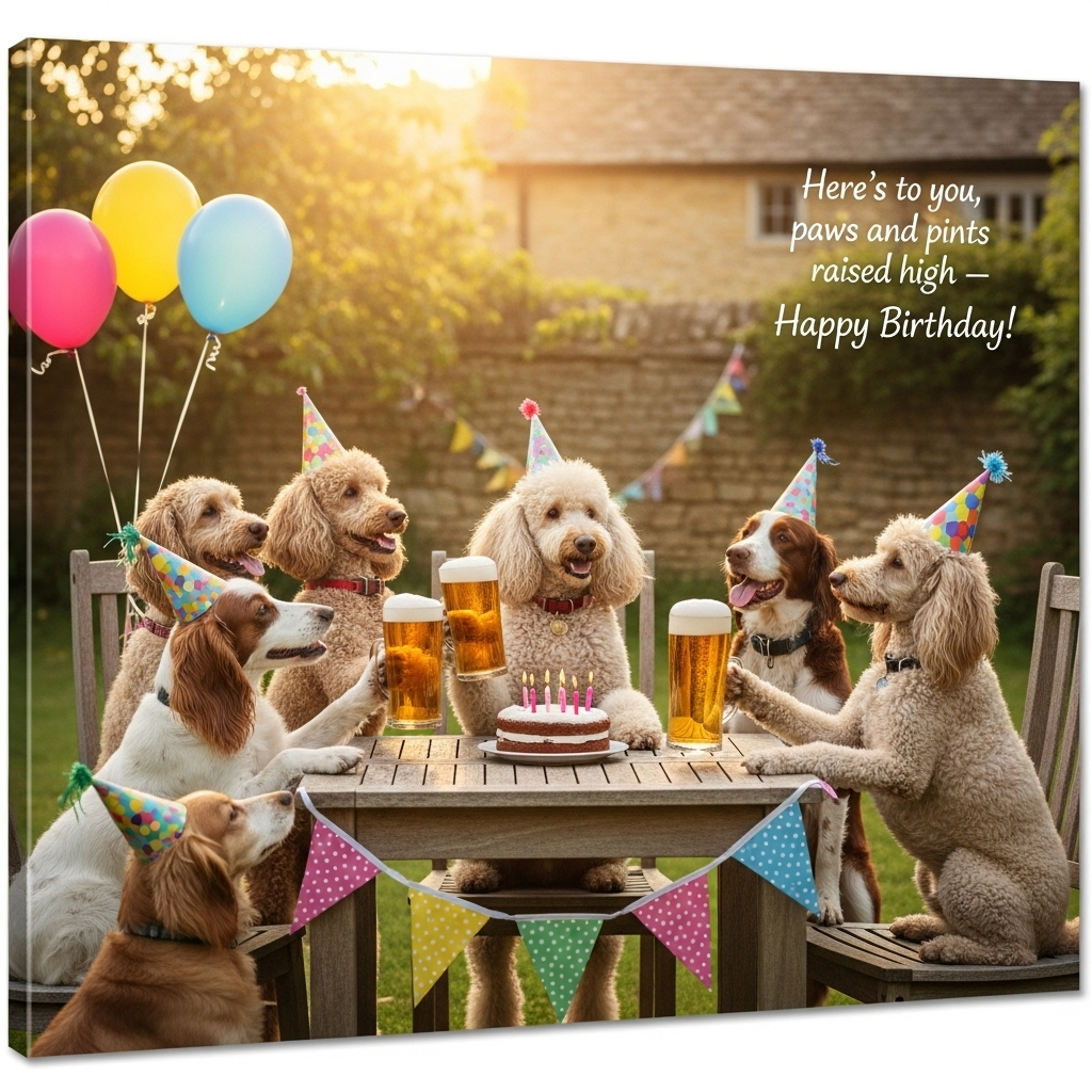 Here’s the crafted **image prompt** for the greetings card front cover:  

---

**Image Prompt:**  
A photorealistic ultra-high-definition 4K image of a warm, heartfelt birthday scene set outdoors in a charming Cotswold garden in Cirencester. A group of fluffy, well-groomed poodles and other local dog breeds (like spaniels and terriers) are gathered around a rustic wooden table decorated with balloons, bunting, and a small birthday cake with candles. Some of the dogs are wearing colorful party hats, while a couple of poodles are gently “cheering” with frosty pint glasses of golden beer, paws resting carefully on the table edge. Soft golden sunlight streams through the trees, creating a serene and sincere mood. The background shows the honey-colored stone walls typical of Cirencester, adding a sense of place.  

**Text on image (small, handwritten-style in one corner):**  
*“Here’s to you, paws and pints raised high — Happy Birthday!”*  

---  

Would you like me to generate **3 alternative witty one-liners** you could swap in for the caption, so you’ve got options?
Generated with these themes: Poodles party Cirencester dog breeds beer, and .
Made with ❤️ by AI.