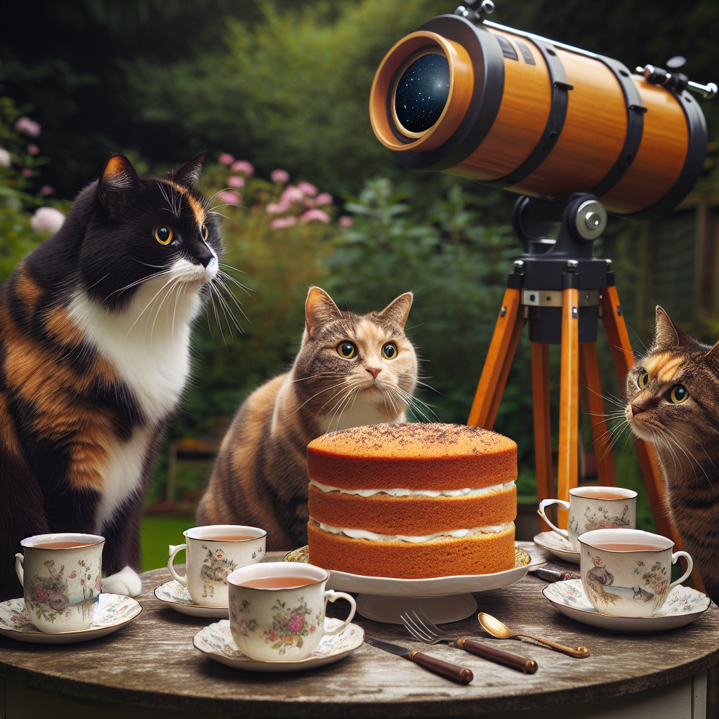 Tuxedo cat, Ginger cat, Calico cat, Tea, Sponge cake, Birds, and Telescope Birthday Card