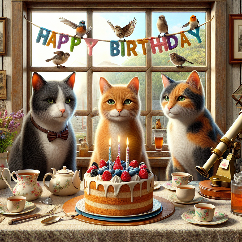Tuxedo cat, Ginger cat, Calico cat, Tea, Sponge cake, Birds, and Telescope Birthday Card