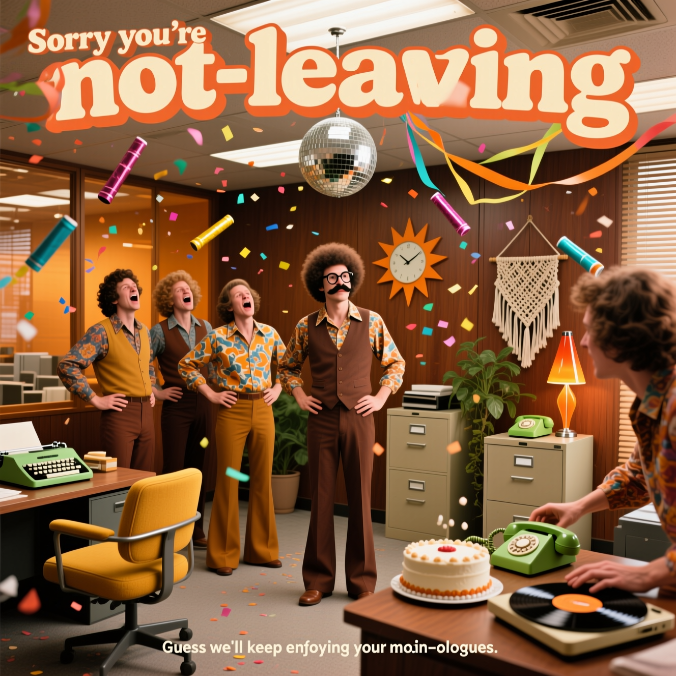 At the top of the Photorealistic picture taken from a camera image, Sorry you're not actually leaving

Ultra-high-definition 4K UHD, lifelike 1970s office farewell scene in a funny mood. Full-bleed, portrait orientation. Render the headline in bold, groovy 70s typography (chunky cream letters with a soft orange drop shadow), slightly warped like vinyl sleeve art, clean and legible over the scene.

Setting: a late-70s open-plan office—walnut wood paneling, amber glass partitions, mustard swivel chairs, avocado-green rotary phone, typewriter, macramé plant hanger, lava lamp on a beige filing cabinet, sunburst wall clock. Burnt orange, mustard, avocado, and walnut browns dominate.

Action: a suddenly cancelled farewell. Confetti mid-air and streamers drooping, party poppers dangling. A disco ball hangs from a fluorescent fixture. Coworkers in authentic 70s attire—flared trousers, paisley shirts, wide lapels, vests; big round glasses, sideburns, moustaches, afros and feathered hair—caught mid-moan: exaggerated sighs, eye-rolls, slumped shoulders, hands on hips, lips in a comic “ugh.” One person sheepishly lowers a cake; another gently stops a record player with a vinyl still spinning. The “not-leaving” subject stands center, shrugging with an apologetic half-smile.

Camera and light: shot on a 35mm lens at f/2.8, shallow depth of field with creamy bokeh; crisp focus on the central cluster of moaning coworkers. Warm tungsten overhead mixed with soft daylight through venetian blinds, casting subtle striped shadows. True-to-life skin and fabric textures, realistic reflections on glossy plastics, subtle period-accurate film grain, rich depth of field. No modern tech or brand logos.

At the bottom of the Photorealistic picture taken from a camera image, a small cheeky caption in a subtle retro label: Guess we’ll keep enjoying your moan-ologues.
Generated with these themes: 70s, Moaning, and .
Made with ❤️ by AI.
