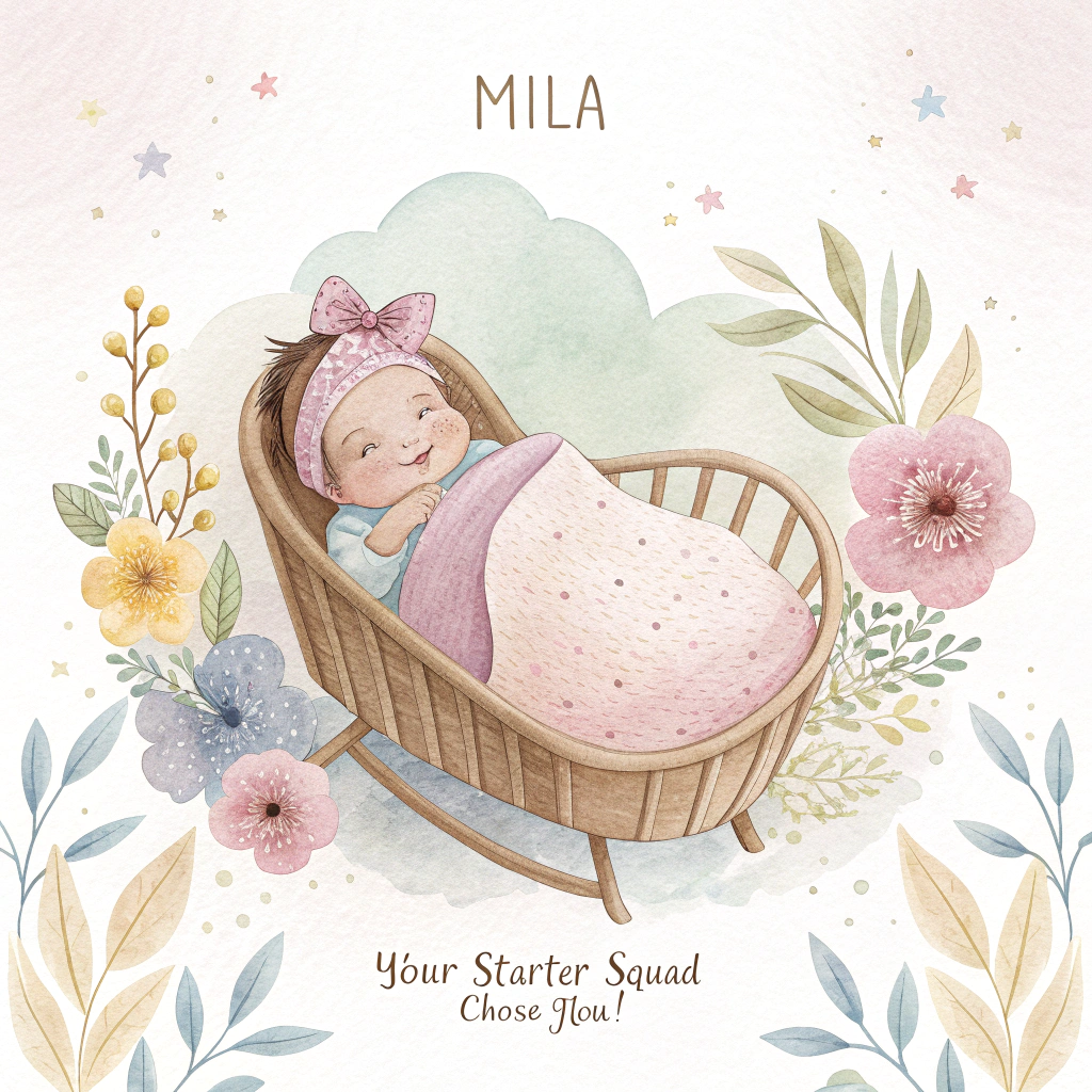 At the top of the Watercolor Style image, "Mila"

At the bottom of the Watercolor Style image, "Your starter squad chose you!"

- Soft, airy watercolor nursery scene with delicate gradients, subtle pigment blooms, and natural cold-press paper texture. Palette of blush pink, butter yellow, mint, sky blue, and lavender.
- Center: a cozy wooden cradle with a newborn baby girl peacefully lying on a blush-pink knit blanket, tiny bow headband, rosy cheeks, gentle morning glow.
- Around the cradle, Pikachu, Bulbasaur, Charmander, and Squirtle lean in to peek lovingly inside—big sparkling eyes, soft smiles. Pikachu holds a tiny lightning-bolt rattle; Bulbasaur offers a little clover; Charmander’s tail flame glows softly and safely; Squirtle has a small shell-shaped pacifier.
- Background: pale wash of mint-to-peach with feathered edges, star-and-moon mobile overhead, faint watercolor splashes and paper grain visible for an organic feel.
- Keep outlines minimal and soft; use translucent layers, negative-space highlights, and gentle vignetting to leave clean space behind the top and bottom text.
- Text styling: hand-painted watercolor brush lettering—top in warm blush, bottom in playful sunny yellow—crisp, readable, and slightly whimsical.
Generated with these themes: 3 starter pokemon, pikachu,  looking in a cradle where a new born girl is laying , and .
Made with ❤️ by AI.