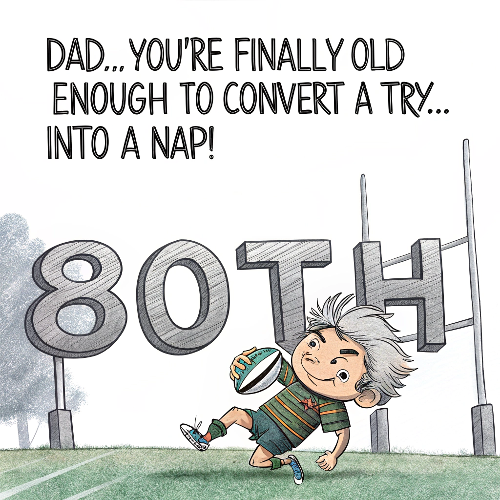 At the top of the image, "Dad, you're finally old enough to convert a try... into a nap!"

- Create a cartoon-style image in rough pencil sketch style.
- Dominating the image are large, bold letters spelling “80TH”. 
- The letter “H” is stylized as rugby goalposts.
- In the foreground, sketch a slightly scruffy, lovable cartoon rugby player—imagine a mix of burly and bumbling—with a party hat on and wild tufts of grey hair poking out.
- The rugby player is mid-kick, launching a rugby ball toward the goalpost-“H”.
- The ball is mid-air between the player and the goalposts.
- Surround the scene with motion lines and confetti to emphasize the celebratory, humorous chaos.
- Bonus elements for fun: a small dog in rugby gear acting as a linesman, and a birthday cake off to the side, squashed like it was just tackled.
Generated with these themes: Large letters "80TH" which take up most of the page where the "H" is a set of rugby goalposts. A  cartoon sketch (in a rough pencil sketch style) rugby player, in the foreground, kicking a rugby ball through the "H". The rugby ball is halfway between the rugby player and the "H".
Made with ❤️ by AI.