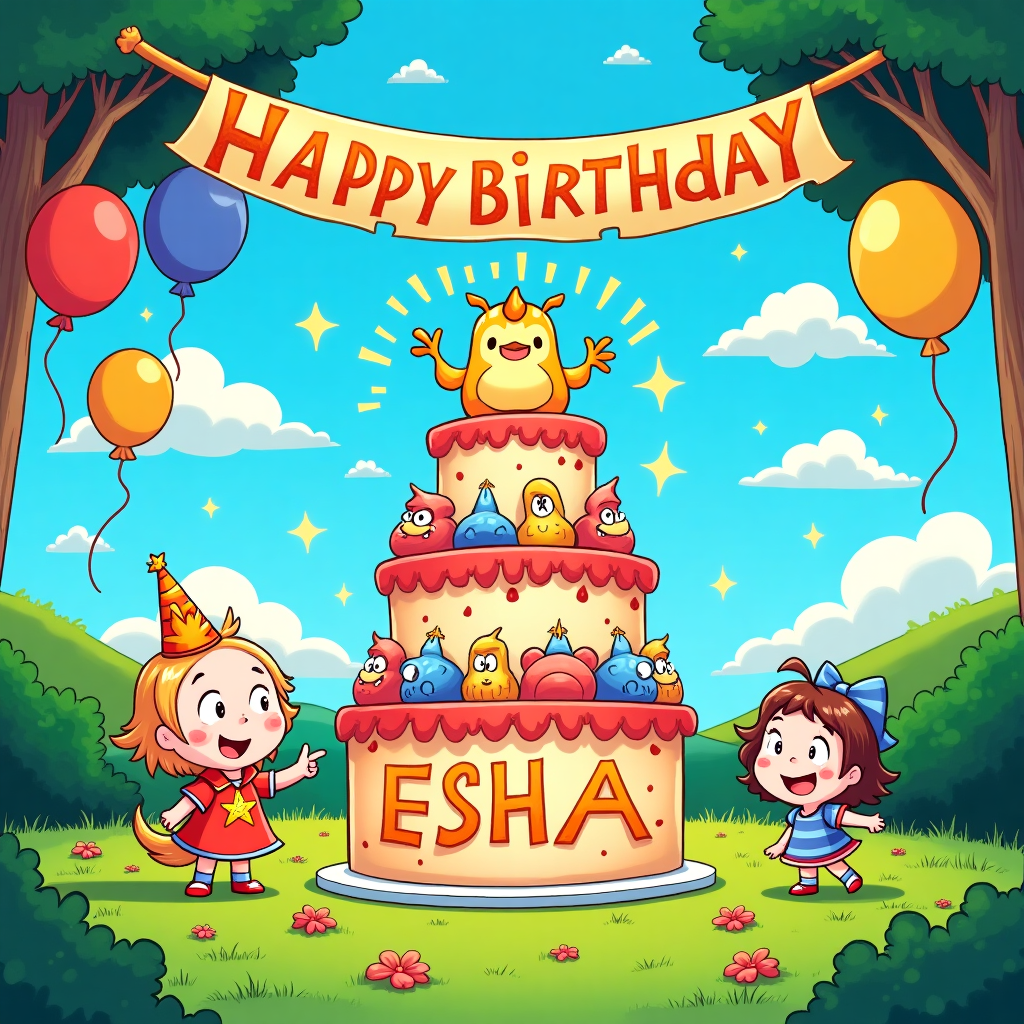 **Front Cover Description for Birthday Greeting Card: Genshin Impact Theme**

At the heart of this colorful cartoon-style scene is a vibrant, whimsical birthday celebration inspired by Genshin Impact, rendered in the lively, exaggerated styles of Charles Schulz and Bill Watterson. Imagine the Mondstadt cityscape, reimagined in playful, soft lines and bright, poppy colors reminiscent of Walt Disney's classics.

**Central Scene:**
- **Characters**: Paimon, with her iconic floating pose, enlarged chibi-like head, and twinkling eyes, is joyfully pointing at a massive birthday cake. Beside her, Klee, exaggerated with her oversized hat and playful grin, is poised to "help" with a sparkler in one hand.
- **Birthday Cake**: The cake is a multi-tiered spectacle. Each layer is adorned with fondant elements of Genshin Impact's elemental symbols—Anemo, Pyro, and Cryo—in vivid blues, reds, and whites, reminiscent of Osamu Tezuka’s colorful vibrancy. Atop the cake, a sugar-crafted, oversized Diluc, exaggerated with a manga-style dramatic pose, strikes a heroic stance.
  
**Background Elements:**
- **Sky and Surroundings**: A clear, deep blue sky, reminiscent of Winsor McCay’s dreamscapes, speckled with cartoonish fluffy clouds and tiny floating Anemo slimes, drifts in the background. Rolling green hills, drawn in smooth curves, encircle the scene, creating a cozy frame.
- **Decorations**: Brightly colored balloons, each with exaggerated eyes and playful expressions à la Gary Larson, hover around the characters. A large, cheerful banner strung between two trees spells out "Esha" in bold, comic-style letters. The letters have a glittery effect, reminiscent of Hergé’s attention to playful detail, adding sparkle and whimsy.

**Foreground:**
- **Ground Details**: The grassy ground is dotted with oversized, cartoon-style Mondstadt flowers, with petals in various pastel hues like pink, lavender, and sunshine yellow, capturing the soft yet lively style of Art Spiegelman’s backgrounds.

This playful, cartoonish birthday scene combines the fantastical elements of Genshin Impact with a cheerful, exaggerated visual style to create a vivid and joyful birthday greeting card cover.
Generated with these themes: Genshin impact.
Made with ❤️ by AI.