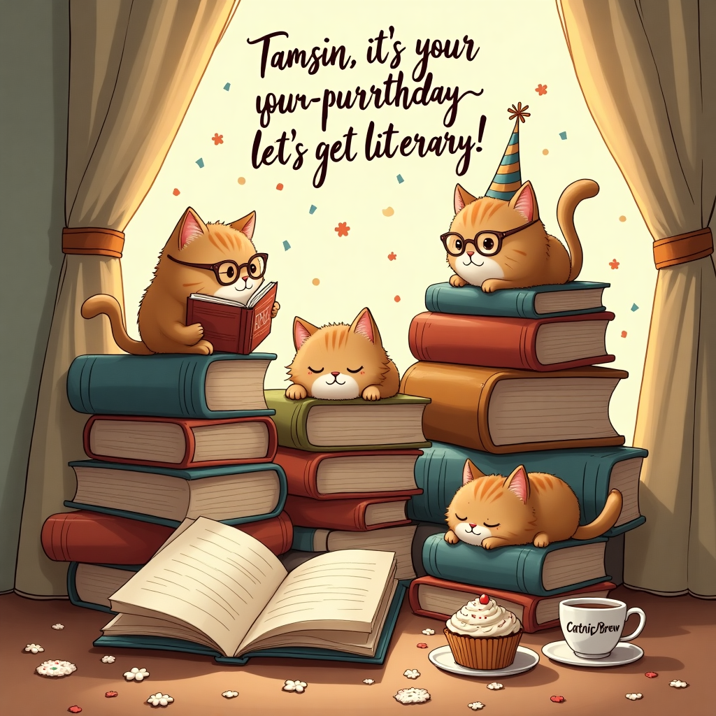 Cats , and Books Birthday Card
