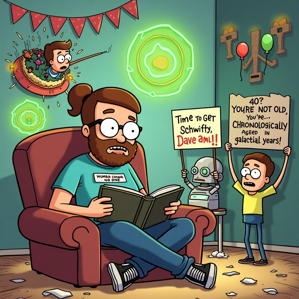 At the top of the cartoon image: **Wubba Lubba 40, Dave!**

**Image Prompt:**  
A cartoon of a bearded man with brown hair tied in a lower-back ponytail and wearing glasses, sitting cross-legged in a comfy chair. He's intensely reading a sci-fi book, oblivious to the chaos around him. He’s proudly sporting a slightly faded *Rick and Morty* t-shirt. Surrounding him, a zany 40th birthday party is unfolding: aliens crashing through the wall in a flying saucer-shaped birthday cake, a robot holding balloons labeled "You're Not Old, You're Chronologically Gifted!", and Morty holding a sign that says "40? That's like... middle-aged in galactic years!" The room is decorated with bunting made from comic book pages and glowing green portal-themed lights. One character holds up a big sign that reads: "Time to Get Schwifty, Dave!" The overall mood is cheerful, nerdy, and totally absurd.
Generated with these themes: Bearded man with brown hair in a lower back pony tail and glasses reading with a Rick and morty top, and Turning 40.
Made with ❤️ by AI.
