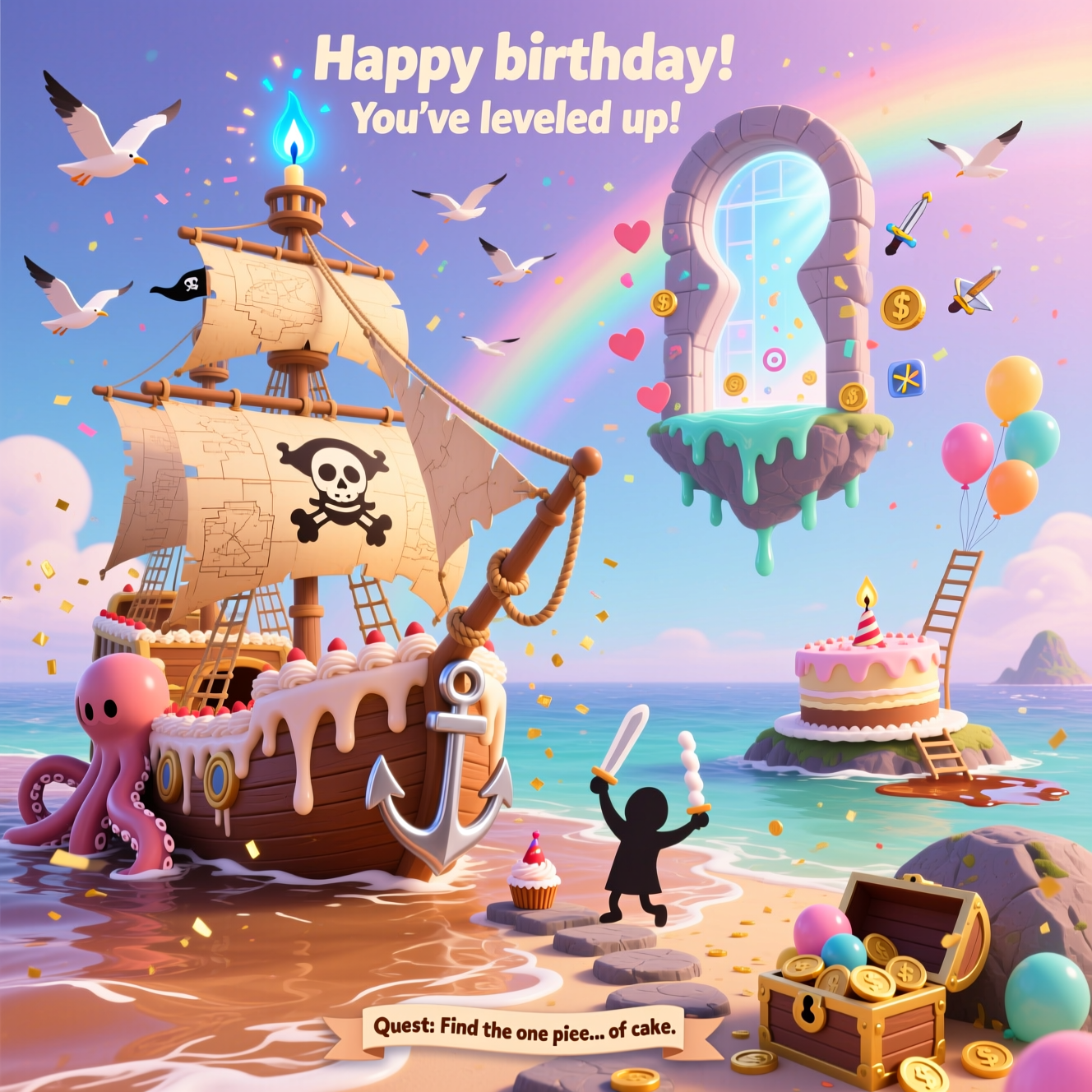 At the top of the Surreal Style image, Happy birthday! You’ve leveled up!

A dreamlike, Dali-inspired surreal birthday seascape merging level-up dungeon vibes with whimsical pirate adventure: in the foreground, a colossal pirate ship sculpted from birthday cake slowly melts into a glossy tea-colored ocean; frosting drips like clock-melt, the anchor is a polished silver fork, and licorice ropes sag in elastic arcs. The sails are parchment maps that peel off into flocks of paper-gulls midair. A towering candle-mast bends impossibly, its blue flame casting ethereal god-rays and confetti sparkles. In the sky, a floating, keyhole-shaped “gate” opens, spilling soft auroras of translucent stat windows and tiny icon glyphs (hearts, coins, swords) that spiral like balloons. From a frosting shoreline, playful shadow silhouettes in party hats cheer with foam swords—friendly, cartoony, and slightly elongated like paper cutouts. Cupcake stepping-stones lead toward the cake-ship, while a kraken made of party streamers gently hugs the hull, tossing gold confetti that rains onto a treasure chest overflowing with balloon-coins. Off to the side, a single island shaped like a perfect slice of cake drifts by, connected with a whimsical balloon-ladder. A melted compass puddles on a rock, pointing everywhere at once. Pastel palette (peach, aqua, lavender), soft, ethereal lighting, long surreal shadows, painterly textures, high detail, cheeky and whimsical mood. Leave generous negative space around the top text; center the focal point on the ship and sky gate.

At the bottom on a small ribbon banner, add: Quest: Find the one piece... of cake.
Generated with these themes: Solo leveling, One piece , and .
Made with ❤️ by AI.