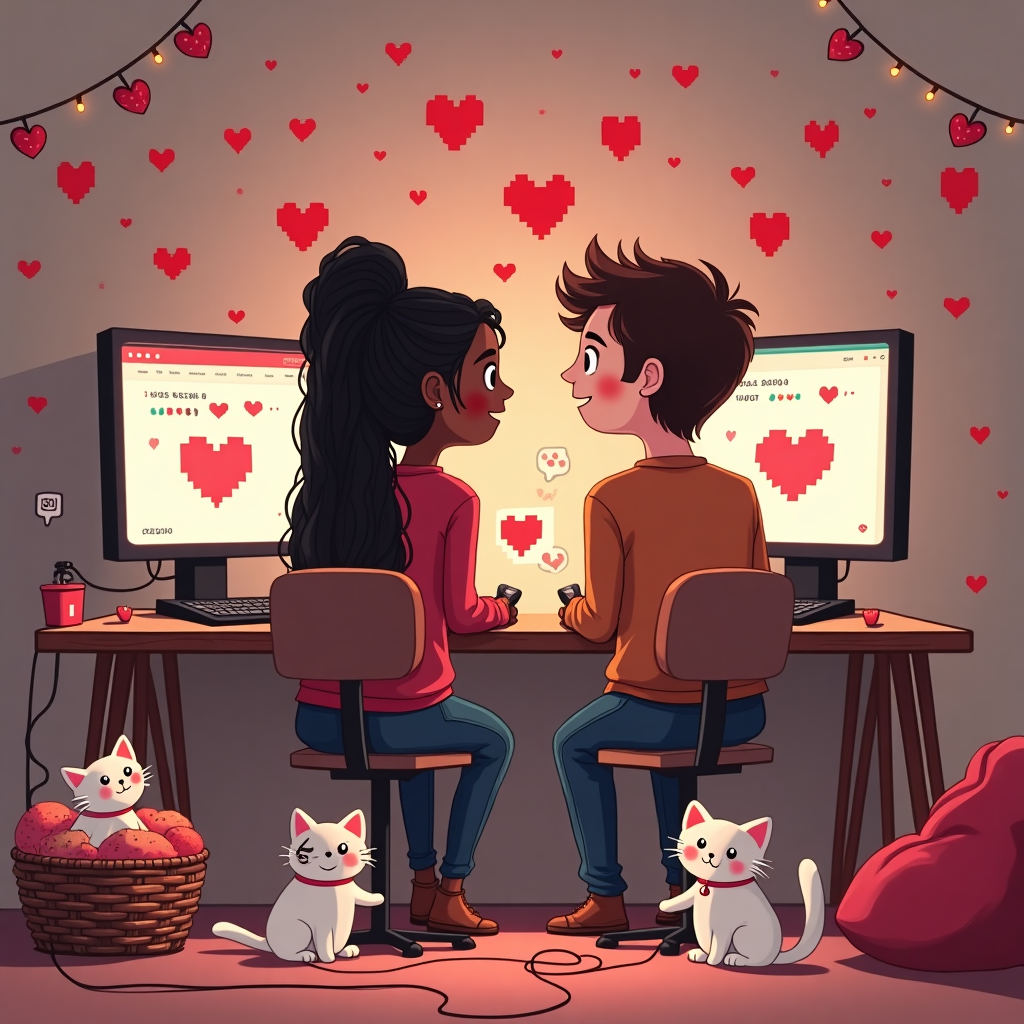 **Image Prompt:**  
At the top of the illustration image, *Happy V-Day, Finn! You’re the final boss my heart chooses every time.*  

Create a whimsical and cozy Valentine’s Day-themed illustration in a stylized, cartoon-like art style. In the center, feature a warm scene with a couple gaming together at their table: a Black woman with braided hair and a White man with short brown hair, sitting side by side, joyfully absorbed in a video game session. They are lit softly by the nostalgic glow of nearby retro-style gaming screens, showcasing pixelated heart icons and classic game motifs.

Scattered around them are charming details: a basket of delicious, heart-shaped cookies overflowing with sugary cuteness; a pair of chubby, playful cats with pixel-art heart thought bubbles purring contentedly at their feet and climbing on a beanbag nearby. One cat has somehow wrapped itself in a game controller cord.

Add tiny game references subtly hidden in the scene — maybe an 8-bit Cupid flying on-screen, a Valentine-themed “You Win!” popup on the computer monitor, or game hearts as decor strung along the back wall. The overall tone should be funny and delightfully nerdy, with a touch of cozy romance perfect for Valentine’s Day.
Generated with these themes: Generate an image of a warm and inviting Valentine's Day setting inspired by the world of gaming. The scene at the center comprises a couple; a black female with braids and a white male with brown hair, sitting their table, utterly absorbed in video game. Dim light emanating from nearby computer screens, featuring retro games, softly illuminates their figures. There's a basket near them filled with heart-shaped cookies, enticing anyone who may glance their way. Contributing to the overall delightful atmosphere of the setting are some playful cats with pixel-art hearts floating above their heads, happily purring while snuggling near the gaming pair..
Made with ❤️ by AI.