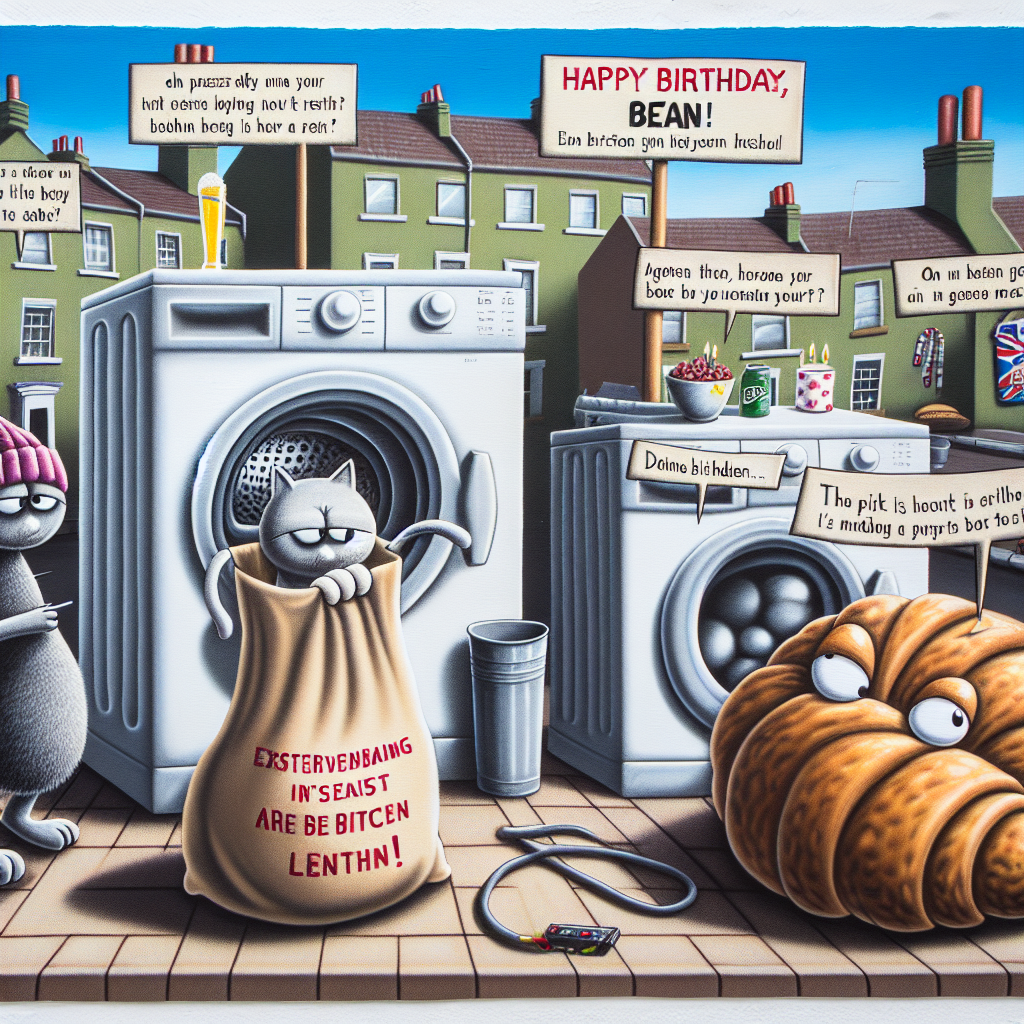 One Cute but grumpy cat holding a paper bag with a cute bean in it , A croissant and a bean in love , London (Brixton), The cat is on a washing machine, A tv with spin class , and Happy birthday bean! Birthday Card