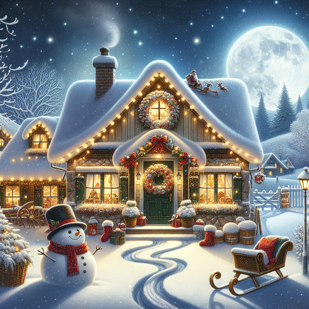 A charming Christmas scene filled with warmth features a cozy, snow-covered cottage with twinkling lights and a cheerful snowman in the front. Sleigh tracks lead up to the festive doorway, where a beautiful wreath hangs. The clear night sky is lit by a gentle moon, casting a soft glow on the quiet landscape. At the bottom, in playful cursive, the illustration bears the heartfelt greeting, 'Buon natale a tutti da Marcella.'
Generated with these themes: Buon natale  a tutti da Marcella.
Made with ❤️ by AI.