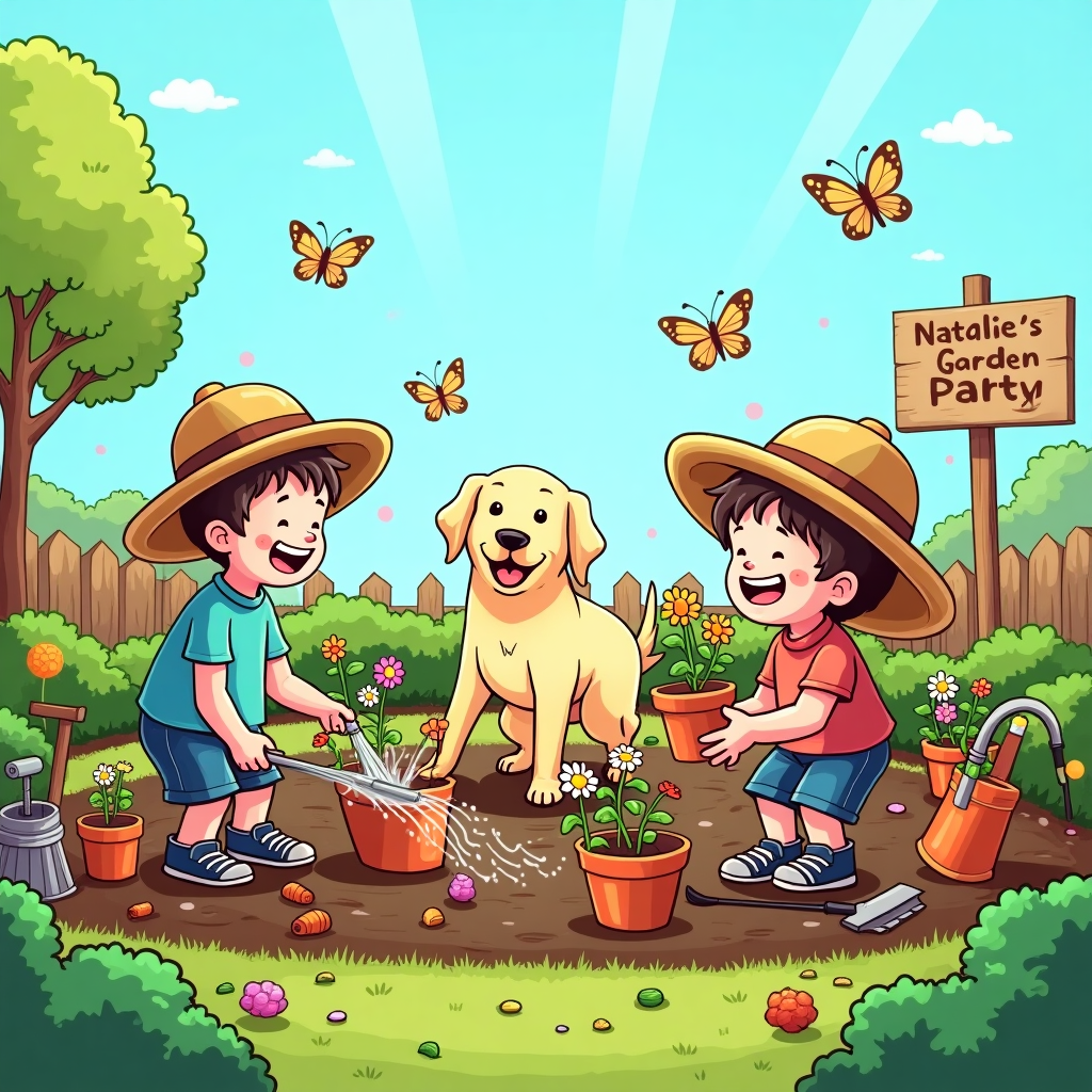 Gardening, Yellow Labrador retriever, Rottweiler, and 2 young boys Birthday Card
