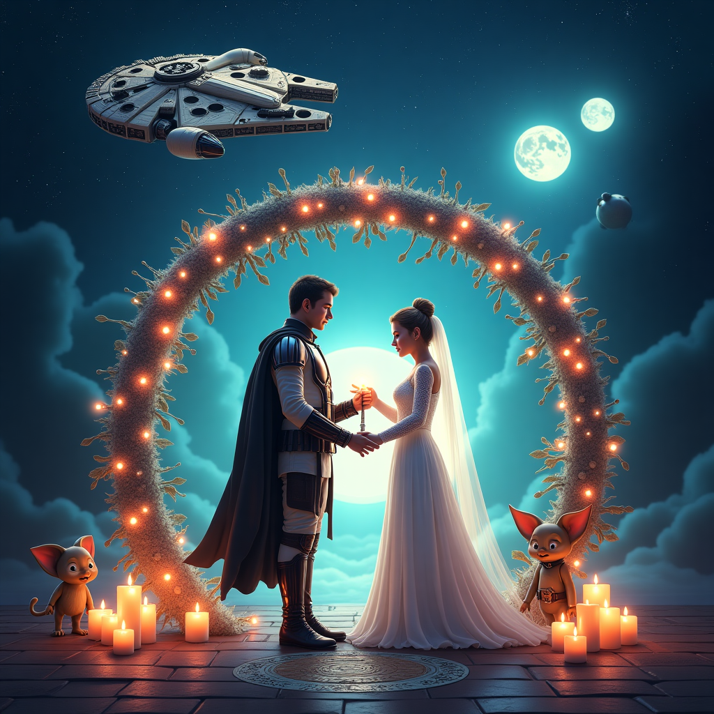 A stunning cosmic backdrop featuring a blend of two worlds—Hogwarts castle floating among the stars with the Millennium Falcon soaring above. The groom, dressed in Boba Fett’s iconic Mandalorian armor (with subtle gold and silver details for a wedding touch), stands confidently, gazing at his bride. The bride, holds a wand glowing with magical energy, her other hand entwined with his. Floating candles from the Hogwarts Great Hall hover around them, blending seamlessly with distant planets and twin suns in the sky.  In the background, a mystical wedding arch is formed by intertwining lightsabers and enchanted vines, glowing softly with blue and green hues. The Deathly Hallows symbol and the Rebel Alliance insignia are subtly engraved on the ground beneath their feet, symbolizing their union. Dobby the House-Elf and an R2 D2 unit stand nearby, seemingly preparing to celebrate. Wedding Card