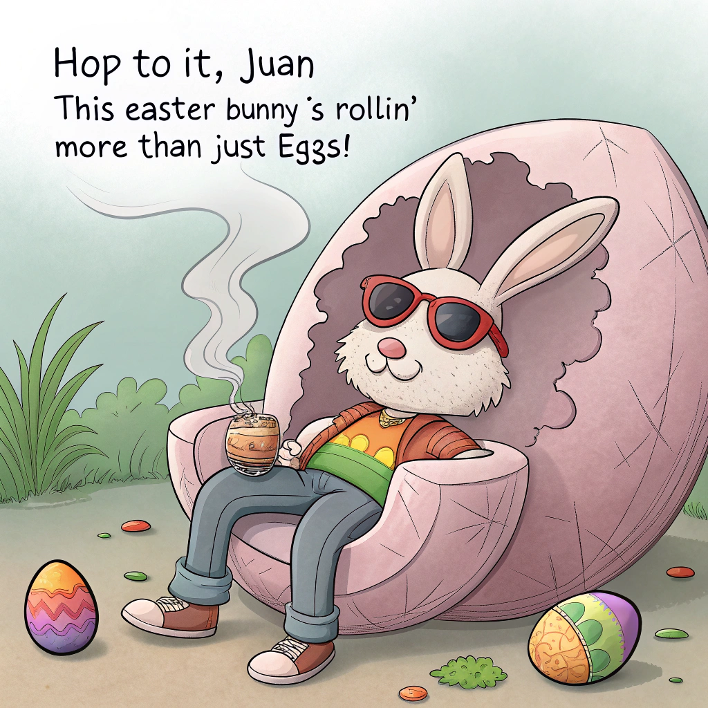At the top of the image, "Hop to it, Juan—this Easter Bunny’s rollin’ more than just eggs!"

- In the center of the image, illustrate a relaxed, slightly scruffy cartoon Easter Bunny with red, squinty eyes, wearing round sunglasses and a colorful tie-dye vest.  
- The bunny is lounging against a giant pastel-colored egg that’s been cracked open like a recliner chair, with little puffs of green smoke wafting from his giant carrot-turned-joint.  
- Scattered around are decorated Easter eggs—each painted with silly 420-themed designs like peace signs, mini joints, and “Highppily Ever After” slogans.  
- A stoned chick nearby wears bunny ears and tries (badly) to paint a straight line on an egg while giggling uncontrollably.  
- In the background, other woodland animals dance around a psychedelic toadstool shaped like a bong, all under a sky where clouds suspiciously look like marijuana leaves.  

- Add a speech bubble from the bunny that says: "Dude, I’ve hidden ALL the munchies. Good luck."
Generated with these themes: EASTER RABBIT, MARIJUANA, 420, SMOKING, and .
Made with ❤️ by AI.