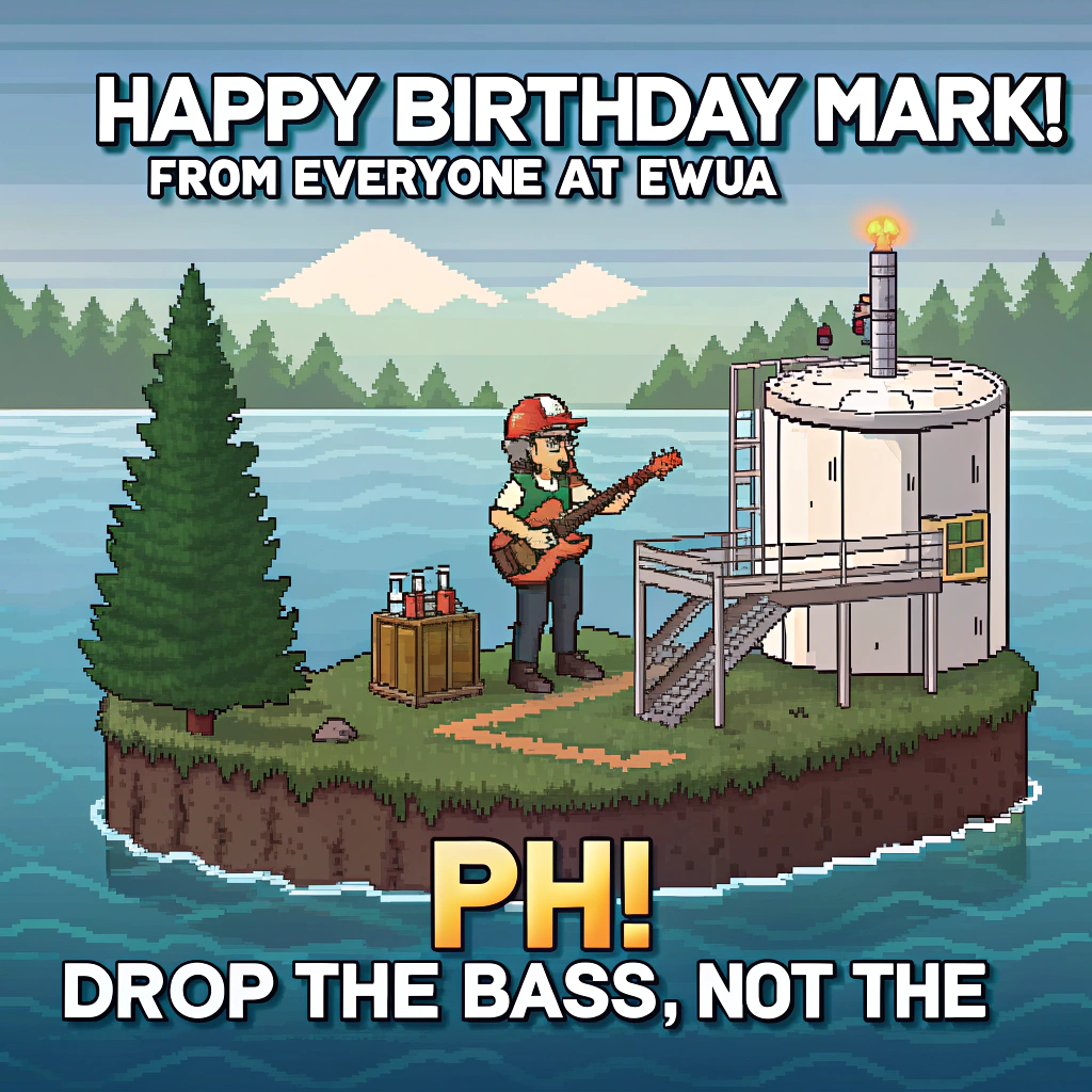 At the top of the Pixel Art Style image, "Happy Birthday Mark! from everyone at EWUA"

At the bottom of the image, "Drop the bass, not the pH!"

Crisp 8-bit pixel art scene: A water-treatment plant perched on a small evergreen island in the misty Pacific Northwest. Centered on a metal catwalk above a round clarifier tank, a pixel character (Mark) in hi-vis vest, hard hat, and rubber boots shreds a bass guitar while one hand tweaks a big red valve. The clarifier’s surface swirls with bubbly, shimmering water; musical notes rise from the ripples like tiny pixel bubbles. An amp styled like a control panel blinks beside him; a gauge needle points to 7.0. In the background: pine-studded islets, a ferry gliding by, a lighthouse, distant snow-capped mountains, and a tiny orca fin cutting the water. A cheeky sea otter on a floating log shakes a tambourine; a gull taps a snare. Confetti falls as blue water droplets and neon music notes. Use a vibrant, limited palette (sea teals, deep navy, pine green, salmon coral, hi-vis orange, steel gray, white highlights), chunky square pixels, bold outlines, and subtle dithering. Top headline in a big blocky pixel font with a navy outline; bottom punchline in bright aqua with a subtle drop shadow.
Generated with these themes: Water Treatment Operator, Living on an island in pacific northwest, Plays in a band, and .
Made with ❤️ by AI.