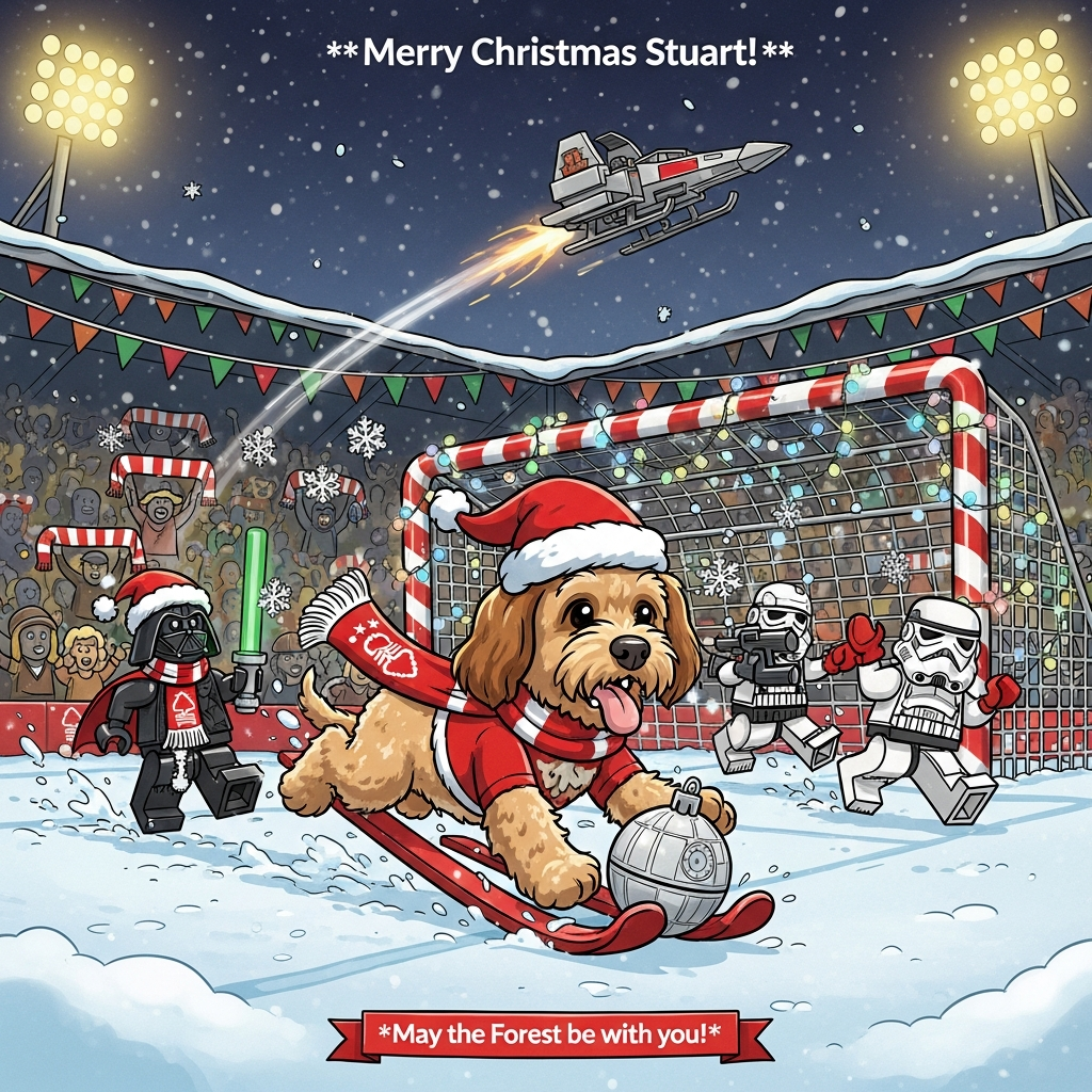At the top of the Cartoon Style image, "Merry Christmas Stuart!"
A big, funny Christmas cartoon scene at a snowy football pitch inspired by Nottingham Forest’s City Ground at night, drenched in festive lights and red-and-white bunting with stylized Forest tree icons. Front and center, a bouncy cockapoo in a Santa hat and Nottingham Forest scarf skids through powdery snow, proudly dribbling a shiny Death Star bauble like a football, tongue out, ears flapping. Chasing him in exaggerated, slapstick motion: LEGO Star Wars minifigures—Darth Vader in a Santa cape and Forest scarf wielding a candy-cane lightsaber, and two clumsy Stormtroopers in red mittens—slip comically on the icy pitch, legs pinwheeling. The goal is made of candy canes wrapped in fairy lights; a mini X-wing sleigh zooms past overhead leaving a sparkling trail. Fans (simplified cartoon shapes) in Forest colors cheer in the stands, waving scarves with the Nottingham Forest tree icon. Snowflakes (some shaped like tiny LEGO studs) whirl in the air.
At the bottom, a small cheeky ribbon caption reads: "May the Forest be with you!"
Style: playful Cartoon Style with thick black outlines, chunky exaggerated proportions, bright saturated reds/greens/icy blues, glossy LEGO plastic sheen, whimsical energetic poses, dynamic motion swooshes, soft twinkly snowfall bokeh, warm floodlights contrasting cool moonlight. Large image composition with minimal margins; focus on the cockapoo foreground, minifigs mid-chase. No other text.
Generated with these themes: Nottingham Forest Football Club, Lego Star Wars, Cockapoo, and .
Made with ❤️ by AI.