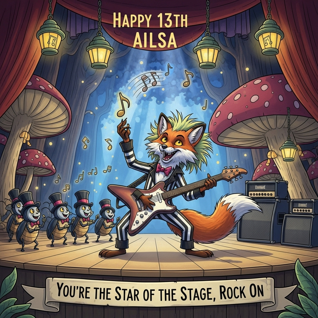 At the top of the Cartoon Style image, the text reads: "Happy 13th Ailsa".
Imagine a vibrant, colorful scene where a fox, dressed as Beetlejuice with wild black and white striped fur, is strumming an electric guitar while performing on a grand stage. The stage is set in a whimsical forest with musical theatre elements – think oversized mushrooms and glowing lanterns.
In the background, a chorus line of little beetles in top hats and bow ties are tapping their tiny feet in rhythm. The fox's tail is exaggeratedly fluffy and is playfully flipping a musical note into the air. The scene is filled with musical notes floating around and a banner at the bottom that says: "You're the Star of the Stage, Rock On!"
Generated with these themes: Jinx, Beetlejuice, Fox, Musical theatre, Guitar, , and .
Made with ❤️ by AI.