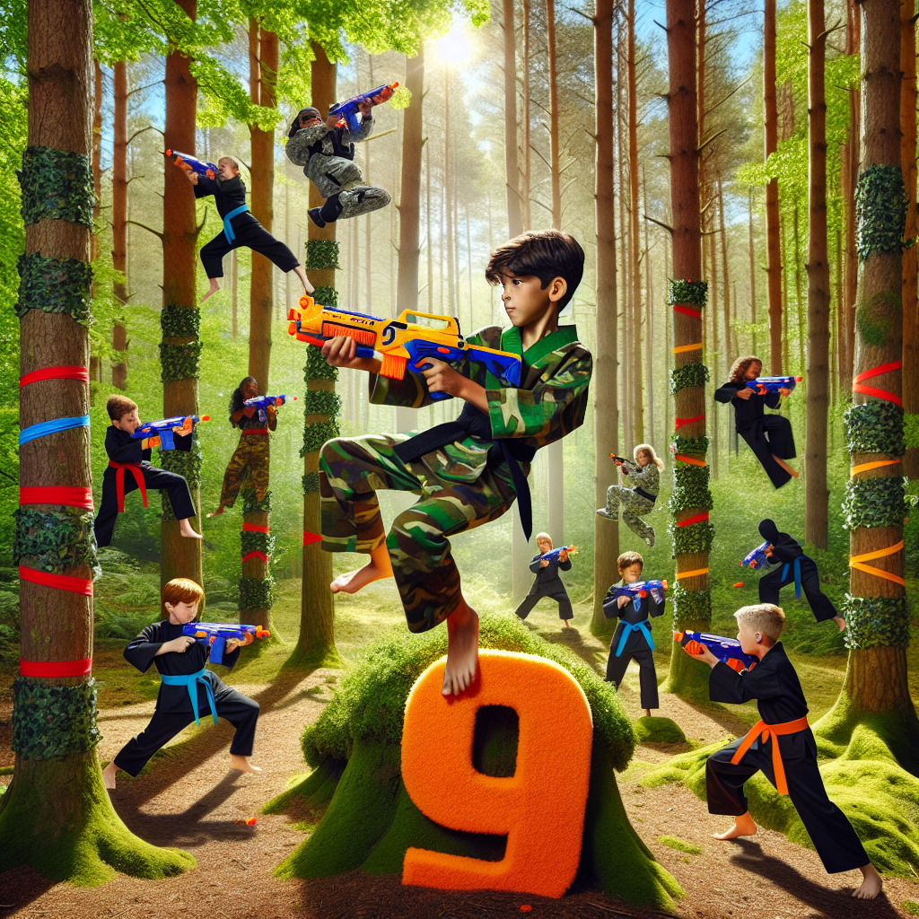 Karate suits, Nerf Gun War with boys, 9, In the forest, Camouflage trees, and Parkour Birthday Card