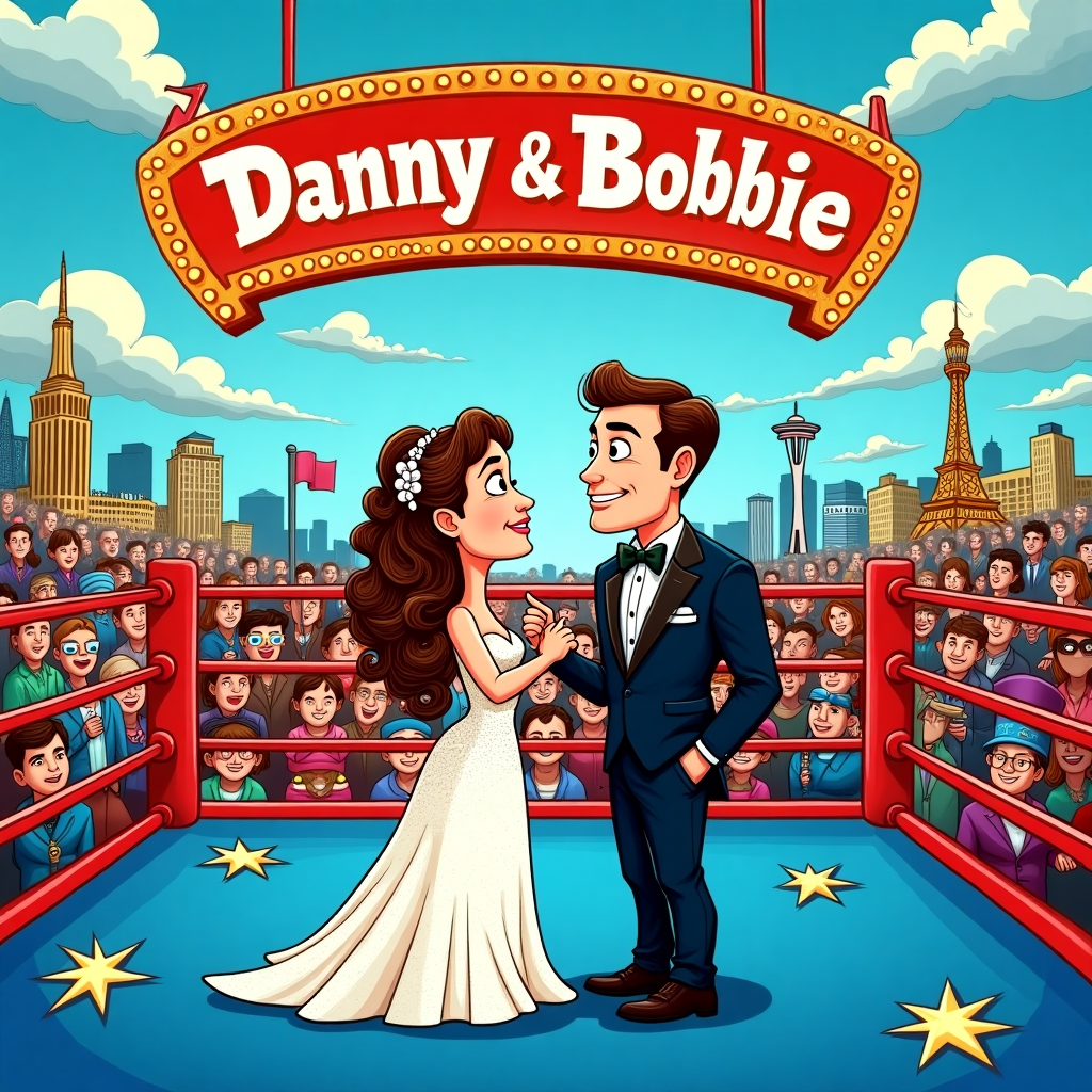 Bride and groom getting married in wwe wrestling ring in Las Vegas.  Bride has long curly brown hair Wedding Card