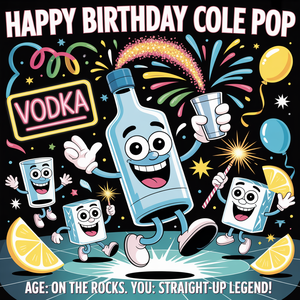 At the top of the Cartoon Style image, "Happy birthday Cole Pop"

At the bottom of the image, "Age: on the rocks. You: straight-up legend!"

- Center scene: A jubilant, anthropomorphic frosted vodka bottle with huge googly eyes, an oversized grin, and a tiny tilted party hat, striking a wild dance pose while spinning a shiny cocktail shaker. Confetti shaped like ice shards and lemon twists sprays out in a glittery arc.
- Around it: Cheerful shot-glass sidekicks and wobbly ice-cube buddies with big smiles, sliding and cartwheeling across a glossy ice-rink dance floor. One ice cube surfs a lemon wedge, another holds a sparkler.
- Background: Neon bar glow with a bold “VODKA” sign, streamers, balloons, and starburst sparkles. Exaggerated proportions, thick black outlines, and bright saturated colors (electric teal, hot pink, citrus yellow, icy blue) add punch and energy.
- Typography vibe: Bouncy, bold, high-contrast lettering; give the top line a frosty, crystalline texture and keep the bottom line shiny and punchy. Leave clean sky/gradient space at top and bottom so the headline and punch-line stand out.
Generated with these themes: Vodka, and .
Made with ❤️ by AI.