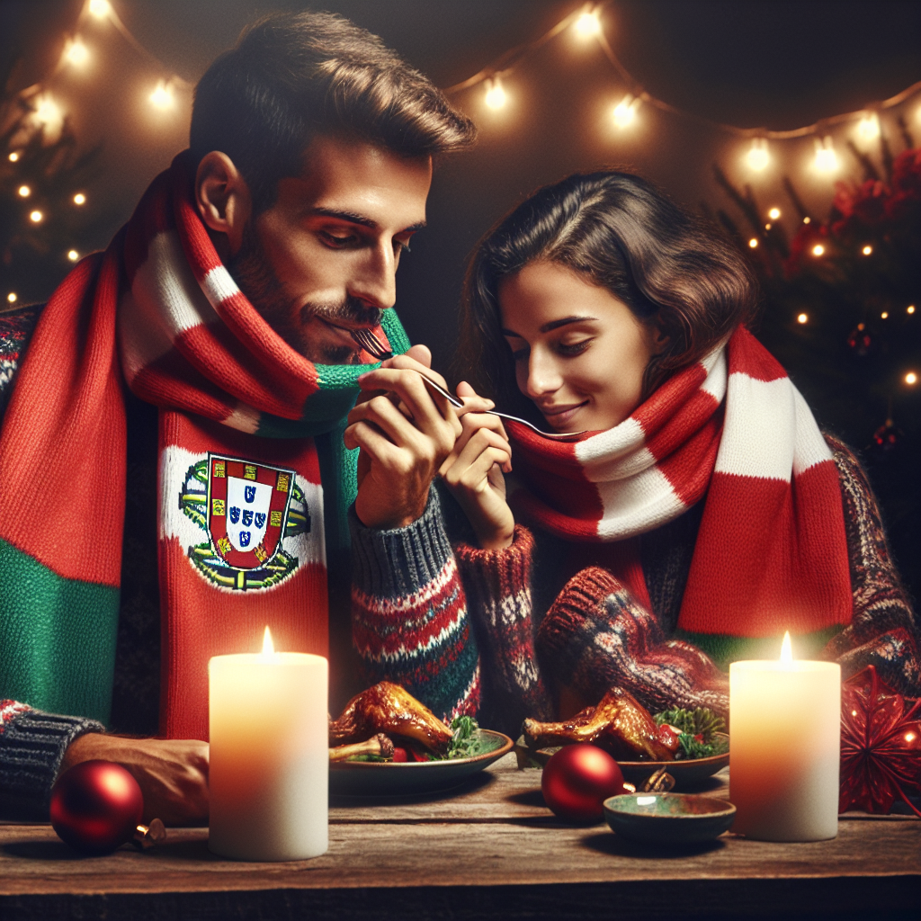 Drawing of a Christmas scene in Portugal, with a couple wearing Benfica scarves sharing a festive meal under the glow of holiday lights.
Generated with these interests: Benfica, Portugal, and Boyfriend and Girlfriend.
Made with ❤️ by AI.
