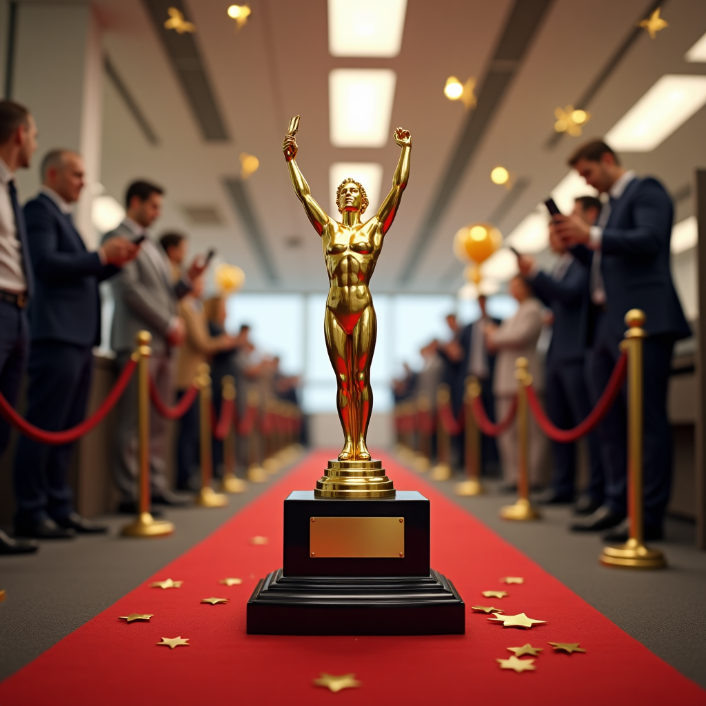 At the top of the Photorealistic picture taken from a camera image, "Congratulations on your retirement Patricia!"

Ultra-high-definition 4K UHD, photorealistic, portrait orientation. Scene: an “office awards night” moment staged in a modern open-plan office. Center frame on a dramatic, gleaming golden office statuette shaped like an oversized stapler held aloft by a tiny laureled pedestal figure, mounted on a glossy black marble plinth. On the plinth’s engraved brass plaque, one short, cheeky line of text reads: Lifetime Achievement in Out-of-Office Replies

Composition and mood: low-angle hero shot of the trophy on a small podium in the middle of a red carpet that runs down the aisle between cubicles. A corridor of coworkers in semi-formal office attire flank the carpet like paparazzi, holding phones and clipboards; a few camera flashes pop, and confetti is frozen mid-air. In the softly blurred background: dangling star-shaped balloons, rope stanchions, a faint sparkle of bokeh from warm tungsten spotlights clamped to ceiling beams. A party hat sits askew on a keyboard at frame edge, and a retirement gift box and cake are visible as creamy bokeh shapes.

Lighting and texture: accurate, cinematic lighting—key light from a warm spotlight rimming the gold, soft fill from overhead panels, subtle reflections on the polished plinth, crisp paper-fiber detail on confetti, realistic fabric textures on suits and blazers. No other text in the scene besides the plaque.

Camera and settings: full-frame DSLR look, 50mm lens, f/2.0 for creamy background bokeh, 1/500s to freeze confetti, ISO 400, balanced white with a warm golden cast. High dynamic range, lifelike skin tones, true-to-life wood grain on the podium.

Typography for the top line: render the “Congratulations on your retirement Patricia!” headline at the very top in elegant cinematic gold-foil lettering with a subtle drop shadow, tasteful kerning, centered, leaving most of the frame dominated by the image.
Generated with these themes: Winning the office oscar, and .
Made with ❤️ by AI.