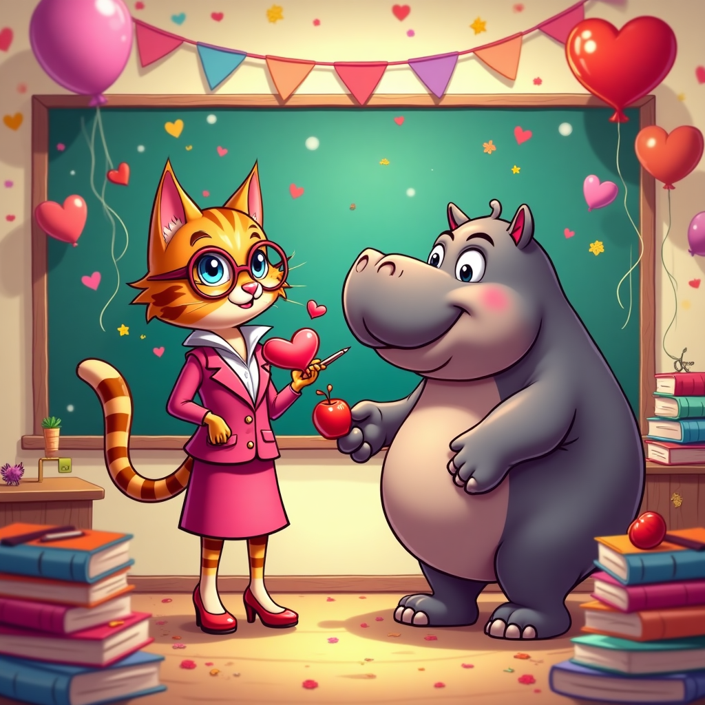 Juliet the cat was a teacher, Francis the fat hippo is Juliet Lover, today is the teacher's day, Francis is a lover and student and wants to thank Juliet for teaching (being) a good lover, Juliet is pretty sexy, and naughty, Hippo Francis Loves her so much , and Thank-you Card