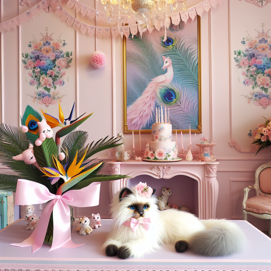 Imagine a room boasting an enchanting birthday party setup, imbued with pastel goth decor. An adorable, realistic fluffy cat, wearing a generic pink collar decorated with bows, lazily lounges by the corner. The walls are adorned with intricate designs of peacock feather patterns, subtly matching banners of a cartoon kitty character. A centerpiece dominates the table, featuring an exquisite bouquet of bird of paradise flowers, casting an exotic allure against the gentle pastel ambience.
Generated with these themes: Fluffy cat, Pastel goth, Hello Kitty, Peacock feather, and Bird of paradise.
Made with ❤️ by AI.