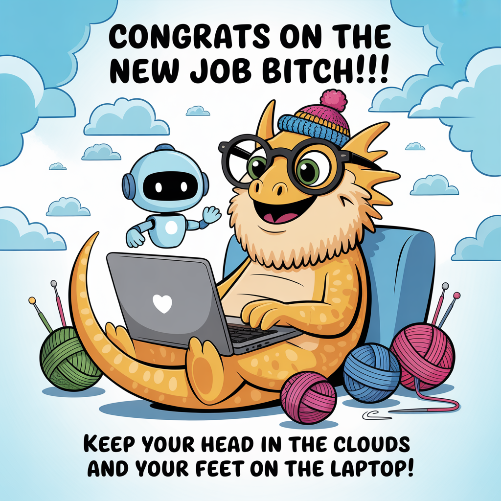 Clouds, AI, laptop, sofa, bearded dragon, crochet, and Congratulations Card