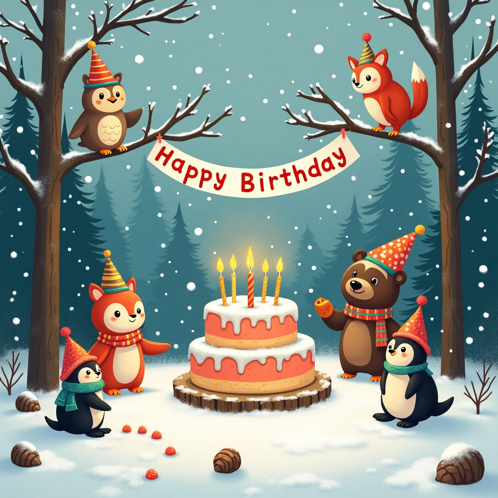 Winter scene , Winter animals, Birthday cake , Birthday hats, and Happy birthday banner Birthday Card