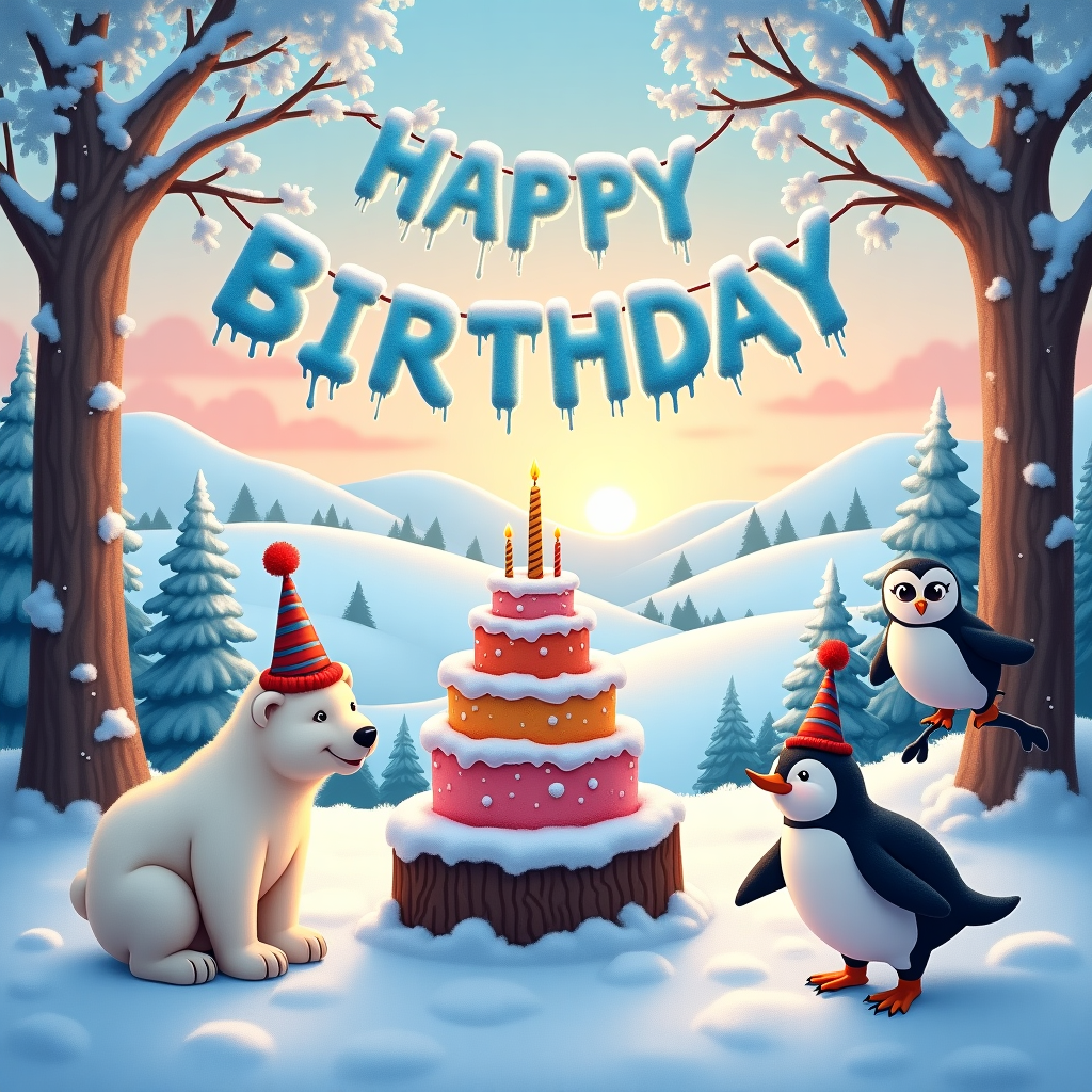 Winter scene , Winter animals, Birthday cake , Birthday hats, and Happy birthday banner Birthday Card