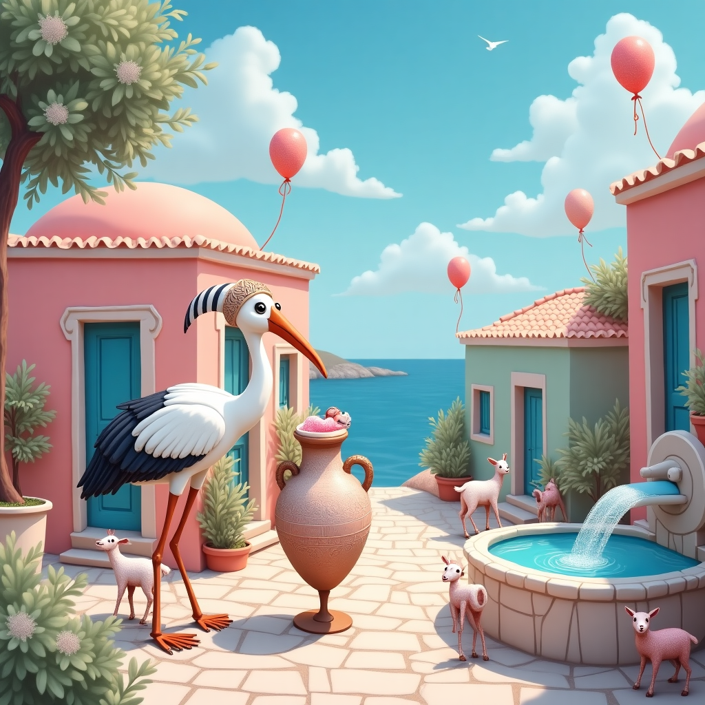 Picture a whimsical Greek village nestled by the sea, where pastel-colored cottages line a cobblestone street. Each house is painted in a soft wash of pink and blue, creating a serene, dreamy atmosphere. In the foreground, a playful scene unfolds: a stork dressed in a toga and laurel wreath, a nod to Greek mythology, gingerly carries a newborn in a tiny cradle fashioned like an ancient Greek amphora. The amphora is painted in swirls of pink and blue with a dusting of glitter, catching the sunlight like sparkling sea waves. Nearby, a trio of mischievous baby goats, adorned with glittery pink and blue ribbons, clamber over the stone walls, playfully munching on olive branches. A small fountain crafted from classical marble gushes with water that shimmers with iridescent glitter, mimicking the look of a gentle waterfall. Around the fountain, pastel-colored balloons bob gently in the breeze, tied to the handles of prams parked nearby. The sky above is a canvas of soft blues, dappled with fluffy clouds and sprinkled with glitter, casting a magical glow over the entire scene. This vibrant tableau tells the story of a joyous arrival in a quaint Grecian paradise, where the blend of pastel hues and glittering accents celebrates new beginnings with enchanting charm.
Generated with these themes: Pastel , Glitter , Greece, Pink, and Blue.
Made with ❤️ by AI.