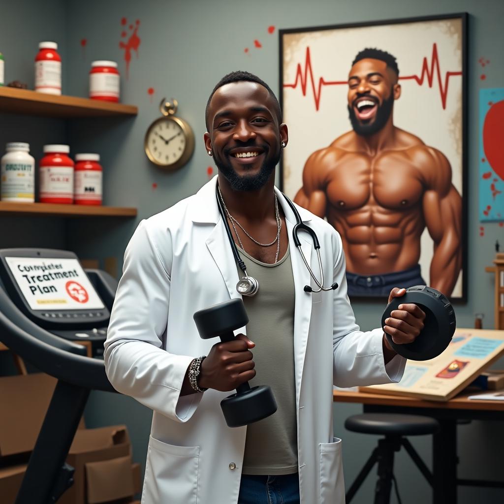 **Prompt for a realistic photograph-style image (Funny Congratulations Card):**

At the top of the realistic photograph image: *"Dr. Anietie: Muscles, Masterpieces & Medical Miracles!"*

Create a hyper-realistic, brightly lit photograph featuring a proud 39-year-old African male (muscular, beaming smile), standing in a chaotic art studio that's also half gym, half clinic. He’s wearing a white doctor’s coat over a ripped gym tank top, holding a dumbbell in one hand and a paintbrush in the other. His stethoscope is draped fashionably like a necklace. Behind him is an abstract painting of flexed biceps with a hospital heartbeat line running through it, hanging crookedly on a splattered canvas wall.

On a shelf behind him are fitness supplements labeled “Creativity Fuel” and “Flex RX.” A half-eaten protein bar lies on a medical clipboard titled "Completed Treatment Plan!" There’s a treadmill in the corner, with art canvases drying on it.

Make it full of energy, hilarious juxtapositions, and visually celebrate the rare mix of medicine, muscle, and modern art—this is Anietie's world and he's clearly crushed it!
Generated with these themes: 39 year old african male that is muscle and loves the gym is a doctor and loves art , congradulations to him n completing his treatmetn wich him all the best .
Made with ❤️ by AI.