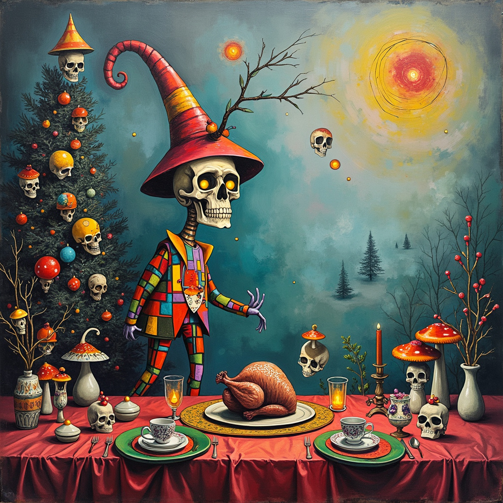 In this surreal abstract Christmas scene, the foreground features a whimsical gonk, dressed in a flamboyant patchwork outfit reminiscent of Joan Miró's bold and playful shapes, complete with a long, pointed hat that spirals like one of Kandinsky's fluid lines. Surrounding the gonk are floating, translucent skulls rendered in an ethereal, almost holographic fashion, their empty eye sockets radiating the geometric clarity of Mondrian's grids but filled with the chaotic splatters of Pollock's paint.

To the left of the gonk, an extravagant Christmas tree towers over the scene, but instead of traditional ornaments, it is adorned with vibrant mushrooms of all sizes and colors, reminiscent of Cy Twombly's scribbles and swirls. The mushrooms glow softly, their caps painted with intricate Rothko-esque color fields that transition from deep reds to velvety purples.

To the right, a grand table stretches out, its surface a turbulent mix of de Kooning's aggressive brushstrokes and Malevich's stark geometric forms. The centerpiece is an opulent turkey dinner, but with a twist: the turkey is suspended in mid-air, disassembling and reassembling itself in a continuous loop, surrounded by floating gravy boats and sprigs of herbs that seem to dance in Agnes Martin's precise, delicate lines.

In the background, a textured sky created by layering Richter's blurred hues and Martin's grid patterns stretches infinitely, creating a surreal backdrop where the horizon line is punctuated by distant, faintly visible gonks engaged in a festive parade. Some carry tiny mushroom lanterns, while others are accompanied by spectral, grinning skulls that appear to be narrating tales of Christmases past.

This scene weaves together the playful absurdity and abstract elegance of the great modern artists, creating a unique Christmas greeting card that is both a visual feast and a whimsical narrative.
Generated with these themes: Skulls, Gonks, Turkey dinner, and Mushrooms.
Made with ❤️ by AI.