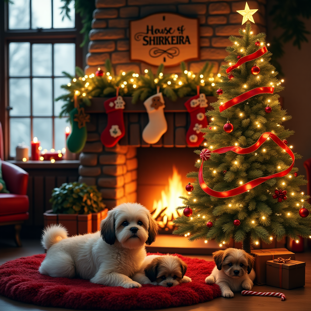 Imagine a cozy, rustic living room enveloped in the warm glow of a crackling fireplace. The flames dance over the logs, casting flickering shadows across the room. In the foreground, a majestic Christmas tree stands tall and proud, adorned with twinkling fairy lights and an eclectic mix of ornaments: tiny gingerbread men, shimmering baubles, and delicate snowflakes. A golden star perches at the very top, casting a gentle, luminous glow over the scene. Beneath the tree, a fluffy Shih Tzu mother lounges comfortably on a plush, red velvet rug, her coat perfectly groomed and shining under the lights. Around her, three playful Shih Tzu puppies tumble and frolic, their fur a soft patchwork of browns and whites. One puppy, mischievous as can be, tugs gently at a length of tinsel while another chews a discarded candy cane. 

In the background, above the fireplace, hangs a garland of evergreen sprigs intertwined with vibrant red ribbons and twinkling golden fairy lights. Nestled amongst the garland is a charming wooden plaque, intricately carved with the name "House Of SHIRKEIRA" in elegant script. The plaque is slightly tilted, as though just hastily hung by a family bustling to prepare for the holiday festivities. Stockings dangle from the mantel, each one lovingly hand-knit in shades of green, red, and cream. To complete this inviting Christmas tableau, the windows are gently frosted, framing a view of snow gently falling outside, adding a final touch of magic to the winter wonderland inside.
Generated with these themes: Christmas tree , shitzu, shitzu puppies , warm fireplace decorations .
Made with ❤️ by AI.