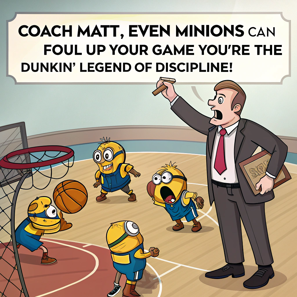 At the top of the image, "Coach Matt, even Minions can’t foul up your game—you're the dunkin' legend of discipline!"

- In the center of the cartoon, show a hilarious basketball court scene where Coach Matt (a tall cartoon coach with a whistle and clipboard) is dramatically facepalming as a group of Minions in chaotic basketball uniforms are wildly misplaying the game—one is slam-dunking the wrong basket, another is tangled in the net, one is trying to "defend" by holding a banana instead of a ball.

- One Minion is attempting to dribble… a pineapple.

- A scoreboard in the background shows "Team Minion: Total Chaos | Coach Matt: Eternal Patience"

- A thank-you banner in the stands reads: “Thanks for coaching through the madness!” written in banana peels.

- The tone is playful, chaotic, and full of affection.
Generated with these themes: Basketball coach players, Minions , Funny, and .
Made with ❤️ by AI.