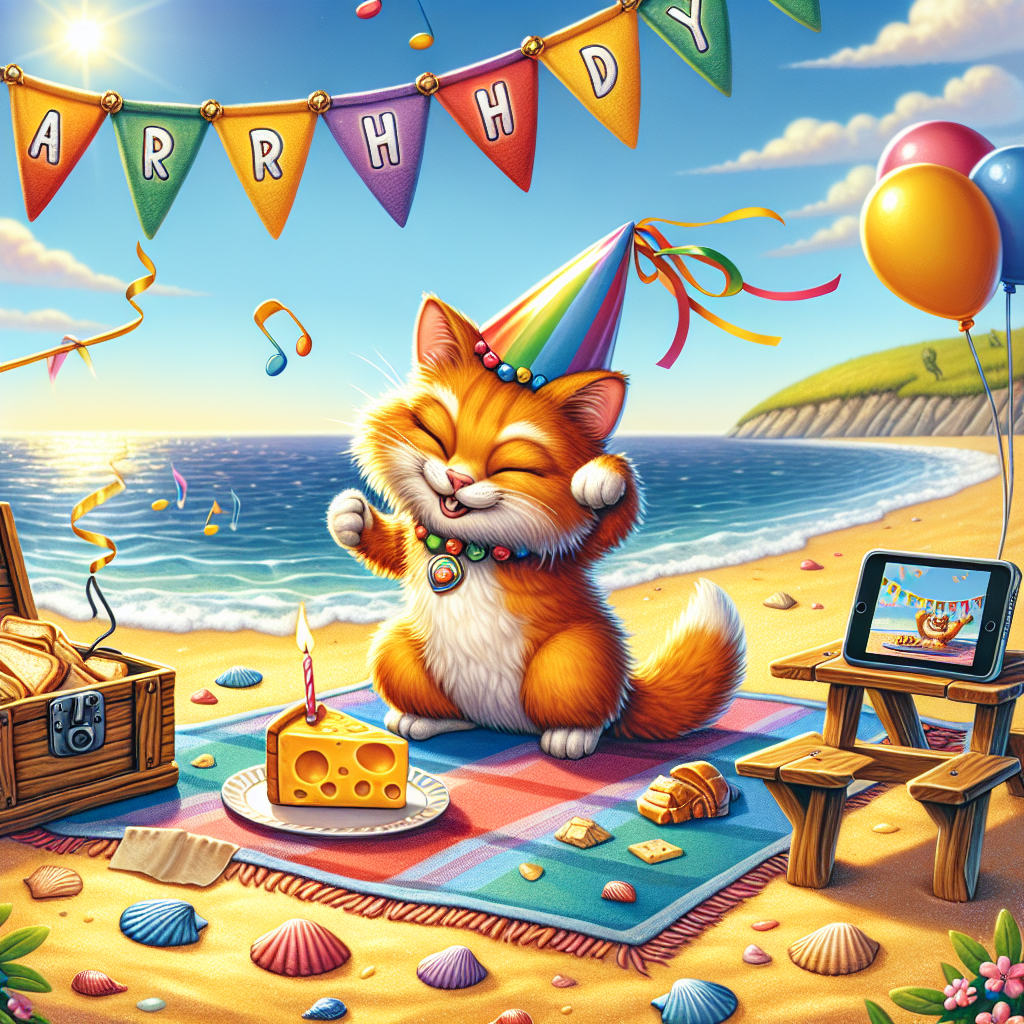 A vivid and lively cartoon illustration of a birthday party unfolds on a sunlit beach. At the scene's heart is an orange furred cat wearing a festive party hat, engaging in a captivating dance next to a picnic blanket. The sandy seaside is decorated with miniature shells, further enhancing the celebratory spirit of the feline's dance routine. Positioned nearby is a handcrafted wooden table bearing a plate of tantalizing golden cheese sandwiches, their tempting scent mingling with the warm seawater air. Above the beach, a multicolored banner sways gently, adorning 'Happy Birthday' in rounded letters across it. A small device screen on the table seamlessly streams a popular collection of birthday music witnessed on online platforms, contributing to the jovial atmosphere.
Generated with these themes: Ginger cat, The beach, Cheese toastie, Dancing, and YouTube.
Made with ❤️ by AI.